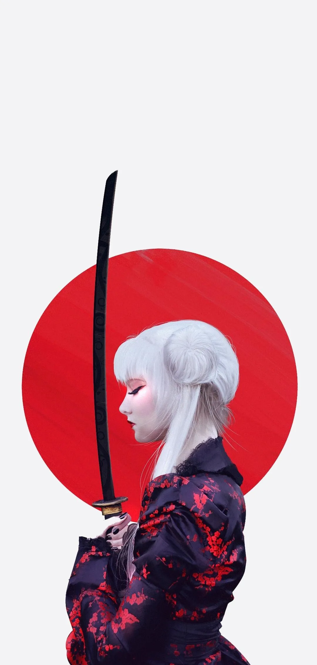 White Haired Samurai Standing Under Red Sun Wallpaper