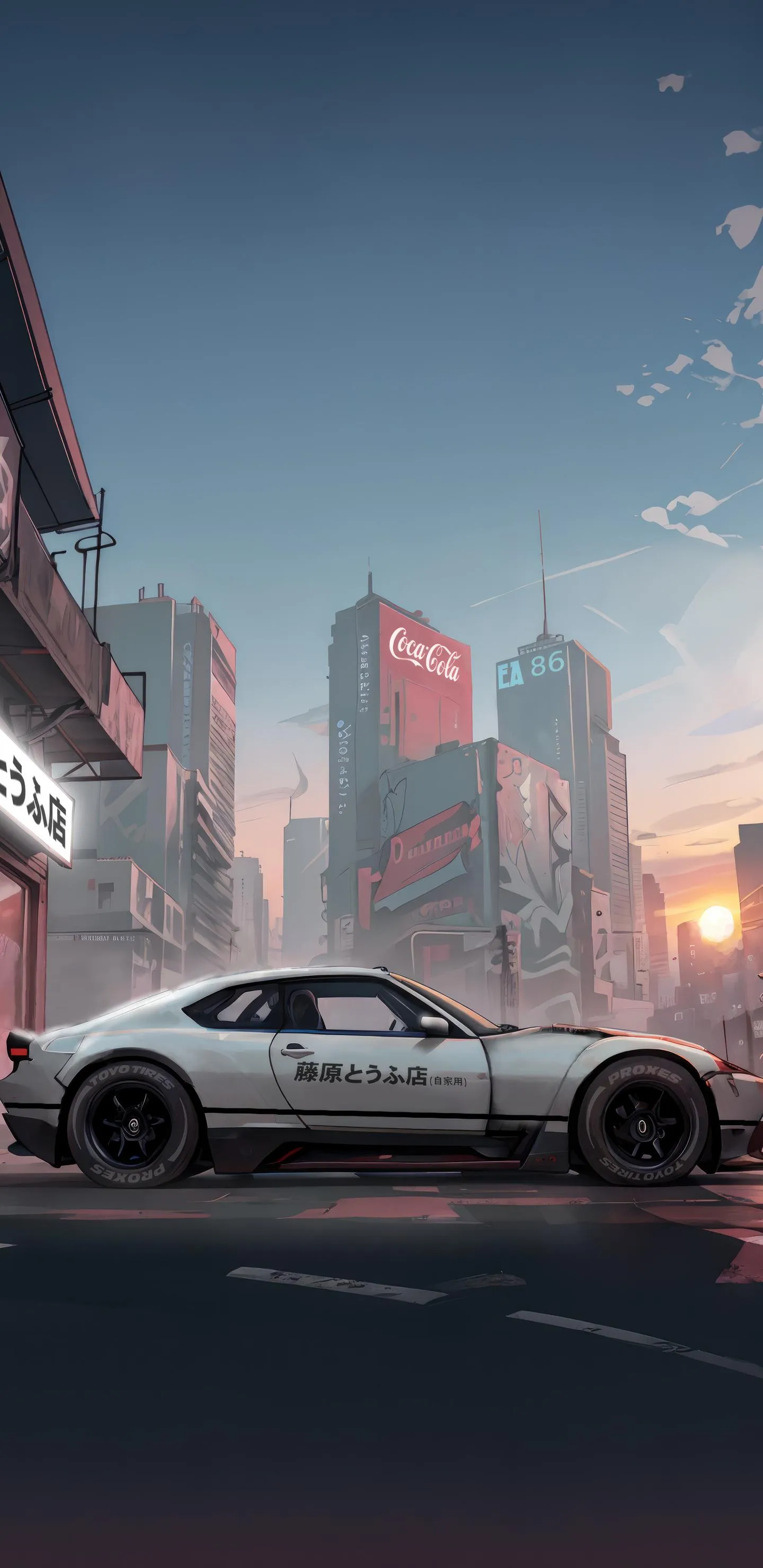 White Sports Car Driving in Neon Lit Futuristic City