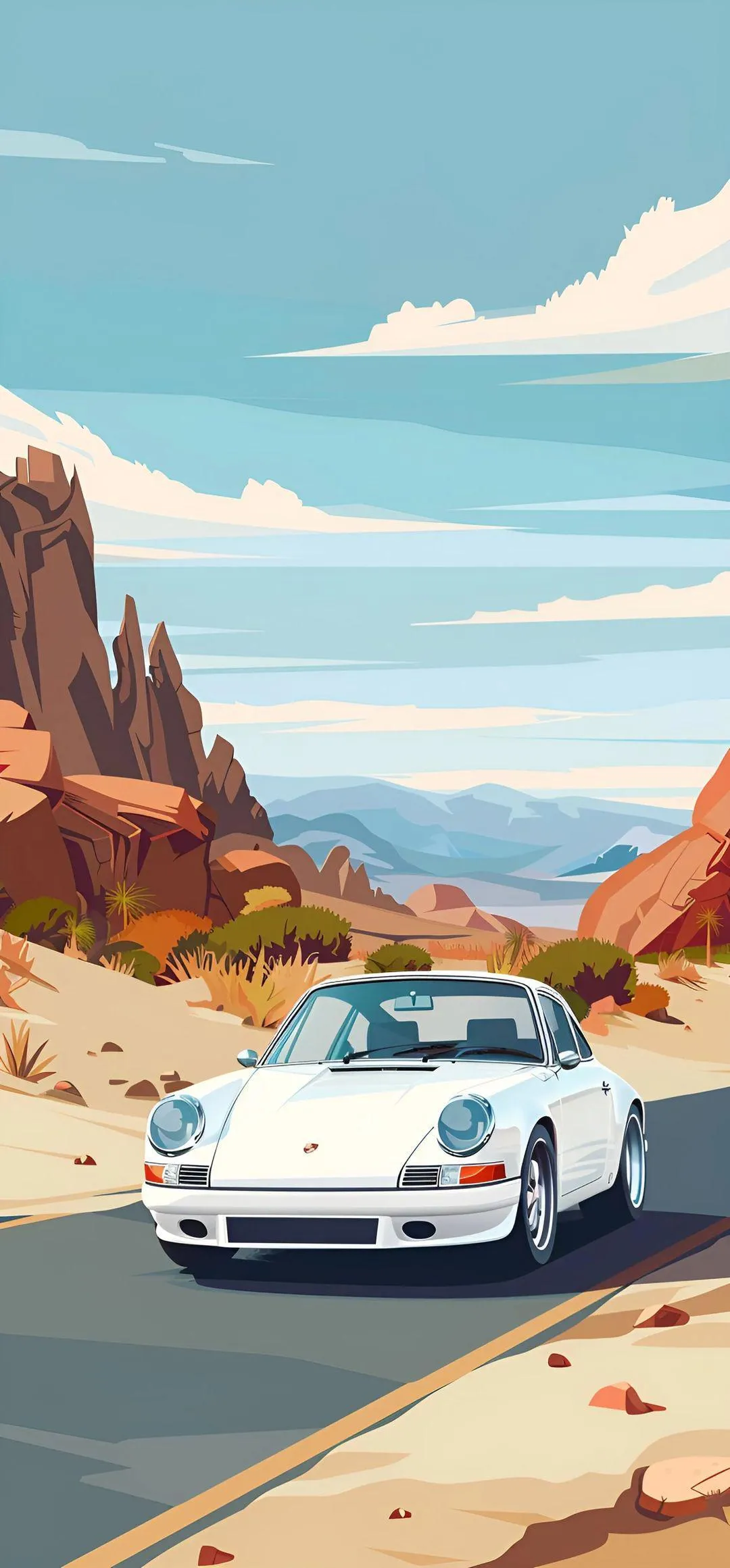 White Sports Car Driving Through Desert Canyon Wallpaper