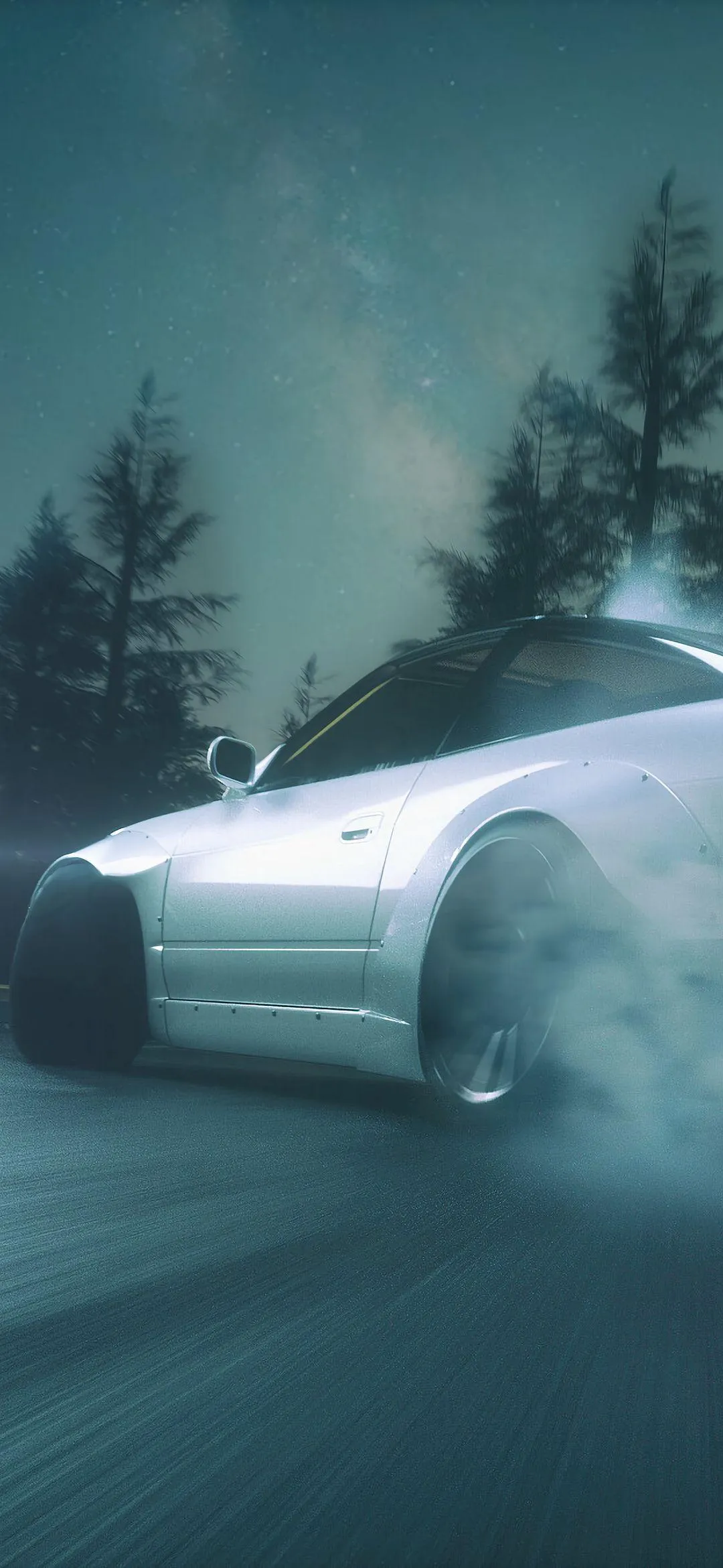 White Sports Car in Foggy Forest Wallpaper Background