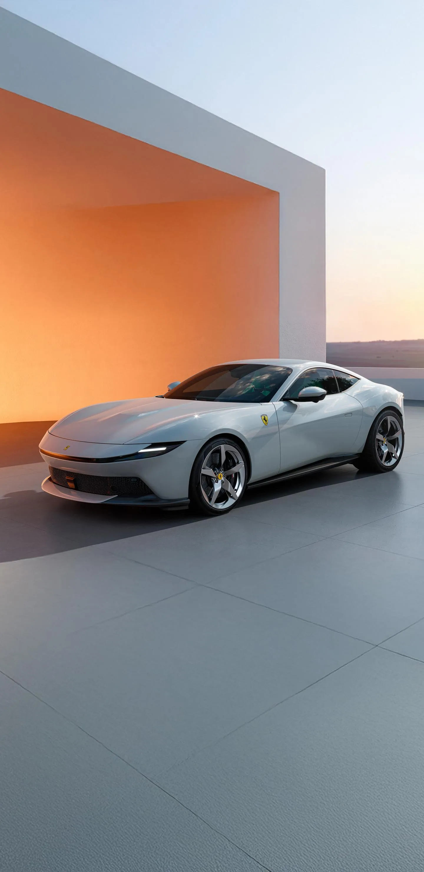 White Supercar Parked in Minimalist Orange Background