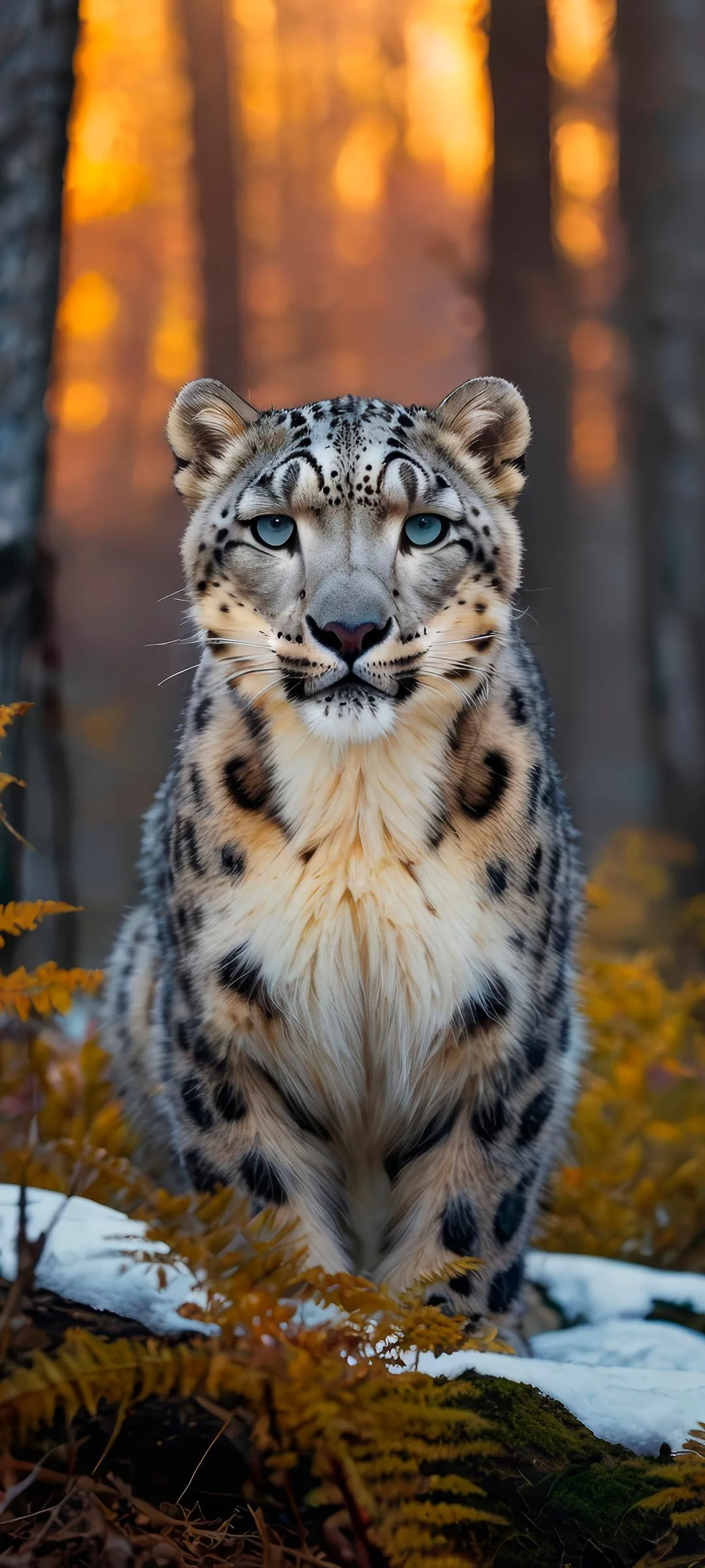 Wild Snow Leopard Sitting in the Winter Forest Wallpaper