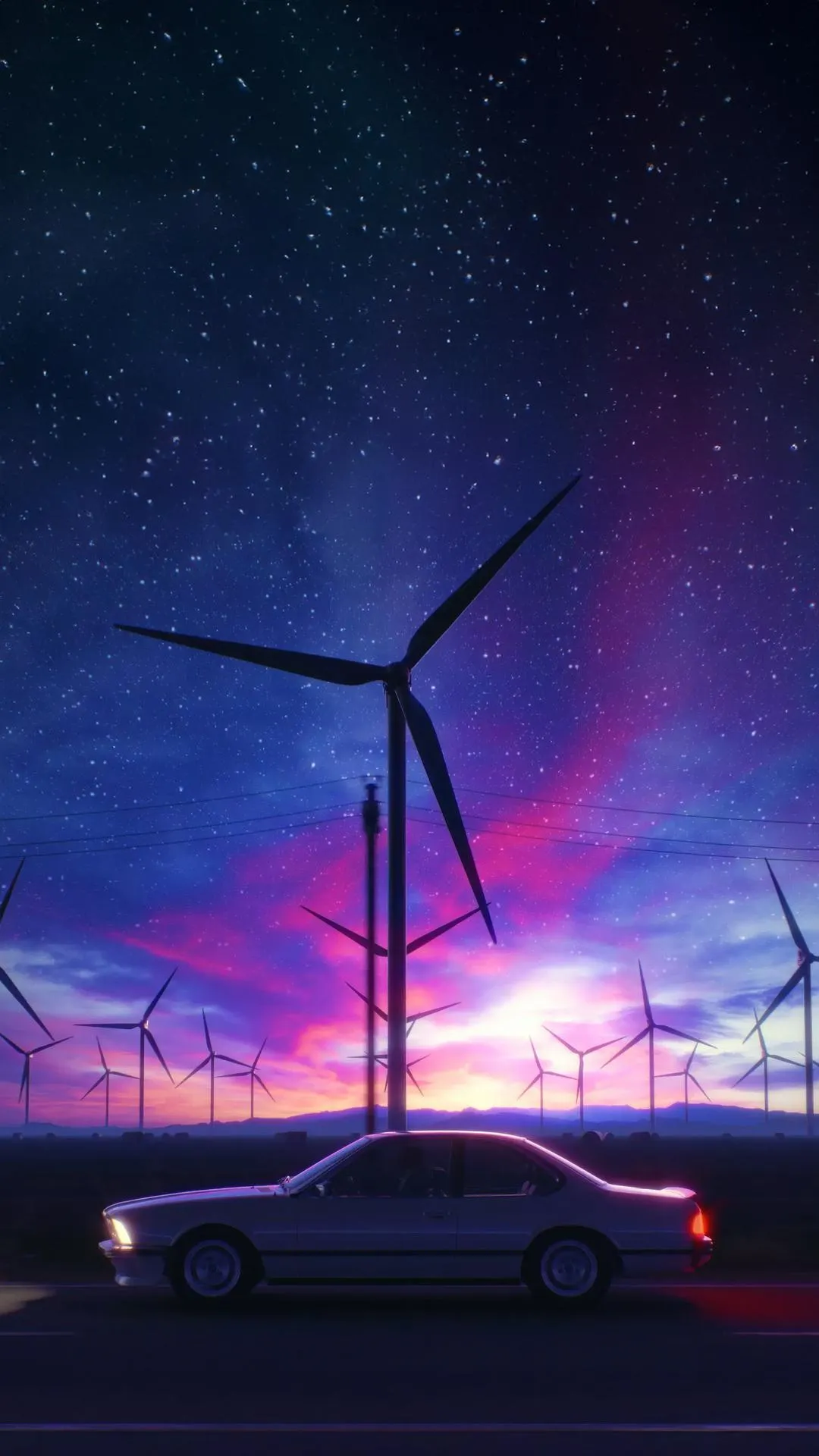 Wind Turbine Under Glowing Starry Night Sky Wallpaper