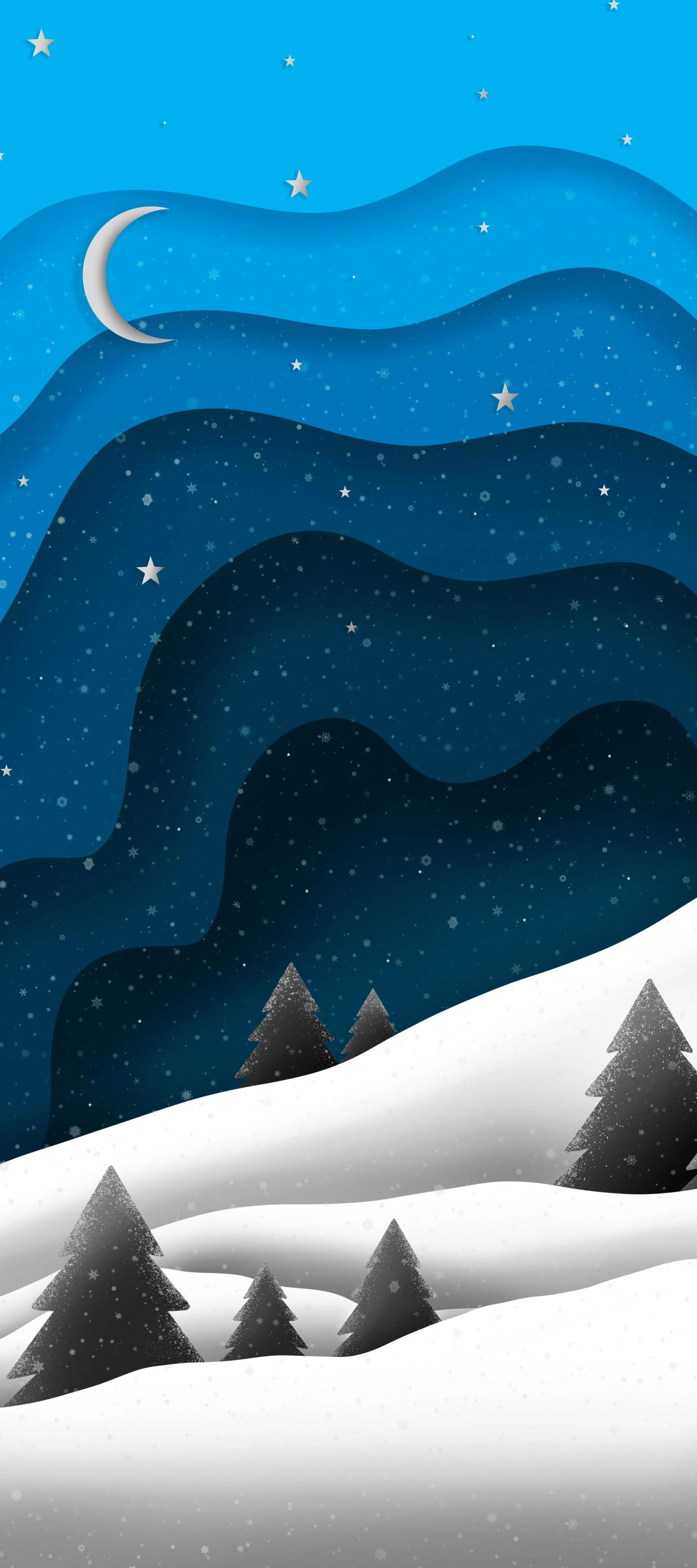 Winter Snowy Landscape with Blue Sky and Rolling Hills