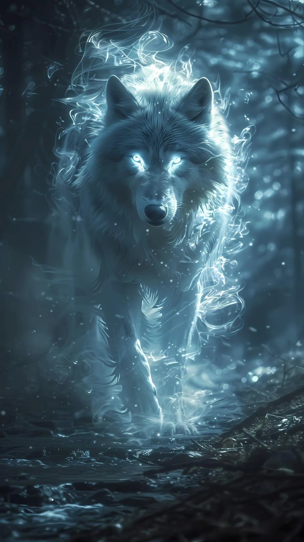 Wolf Howling in Night Forest Surrounded by Fog and Moonlight