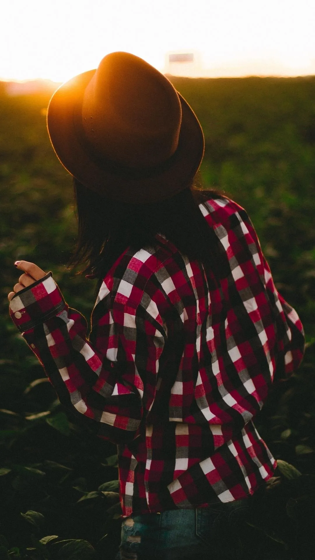 Woman in Hat and Red Dress Walking Through Sunset Field