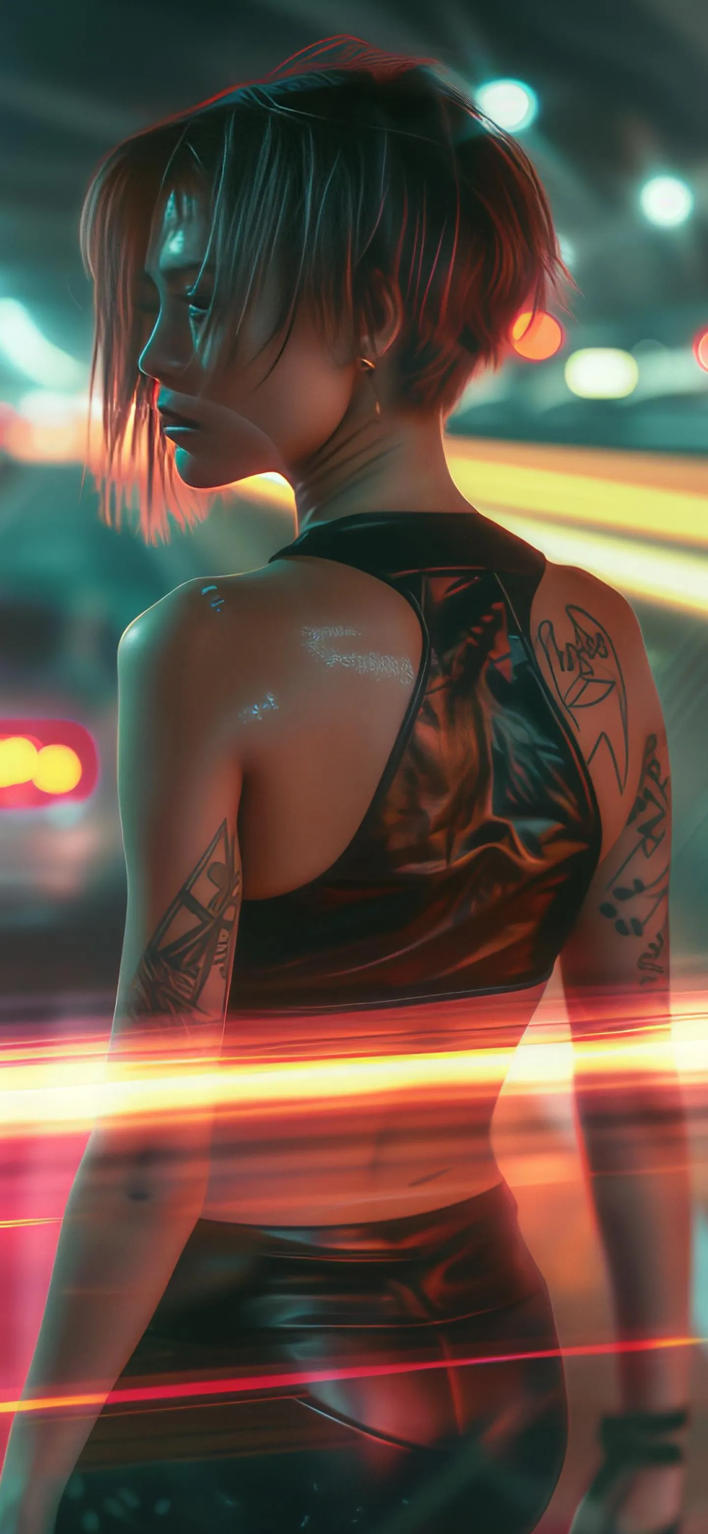 Woman in Neon Cyberpunk World with Short Hair Cut Wallpaper
