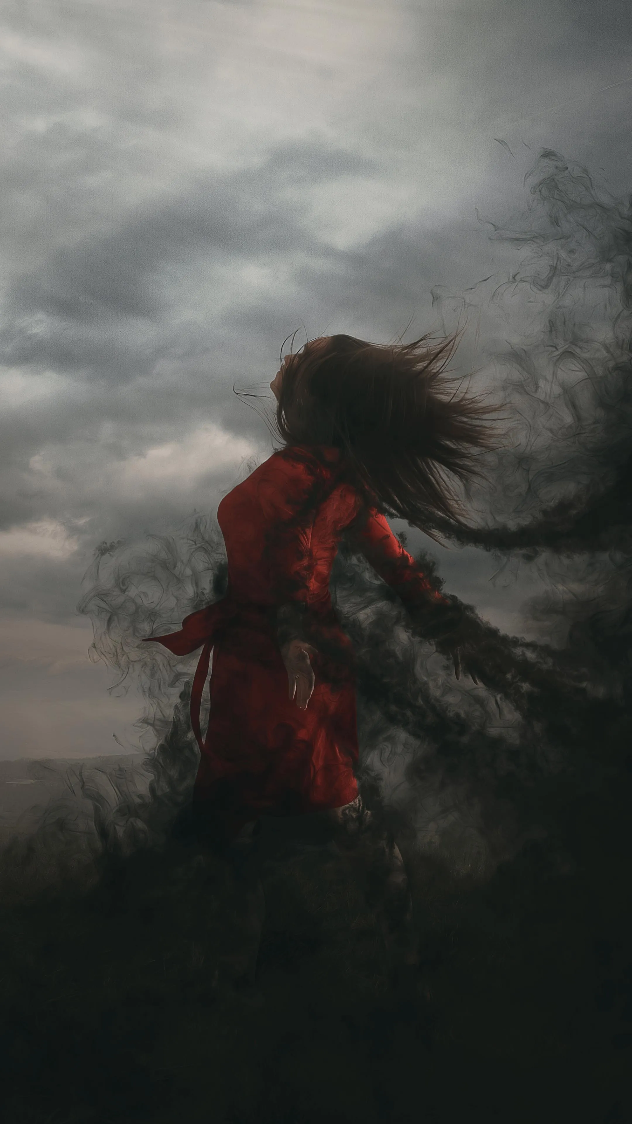 Woman in Red Dress Embracing The Dark Smoke Wallpaper