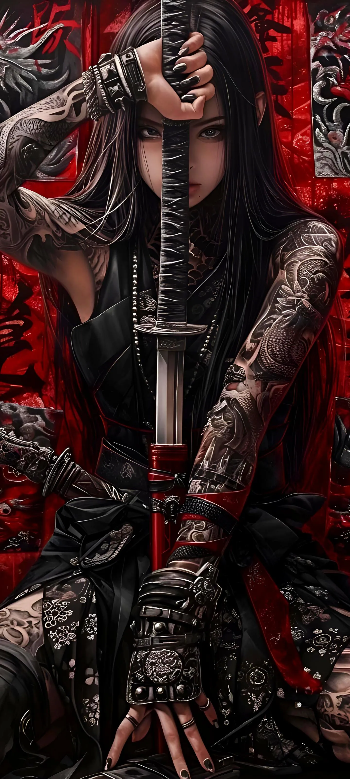 Woman in Red Gothic Outfit with Dark Background Wallpaper