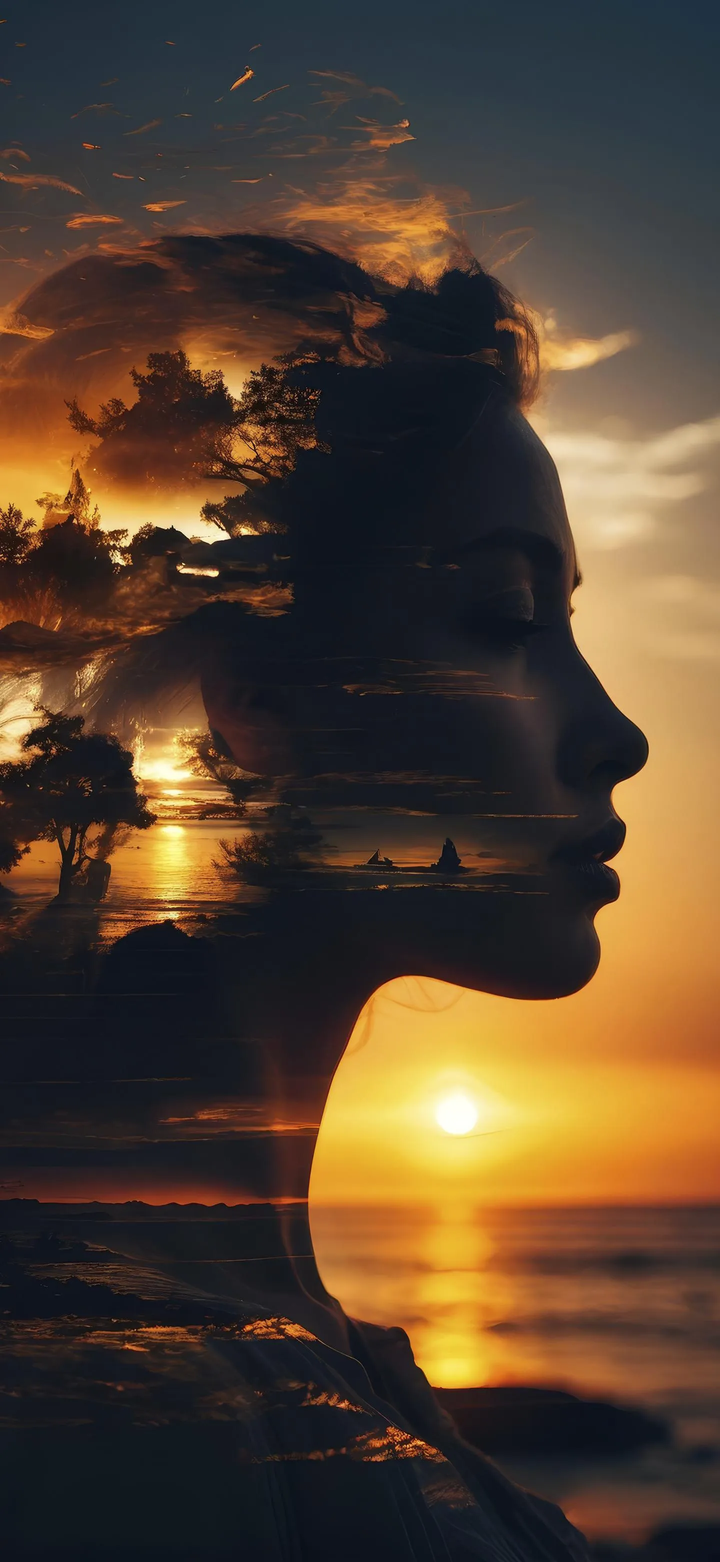 Woman Silhouette at Sunset with Double Exposure Art