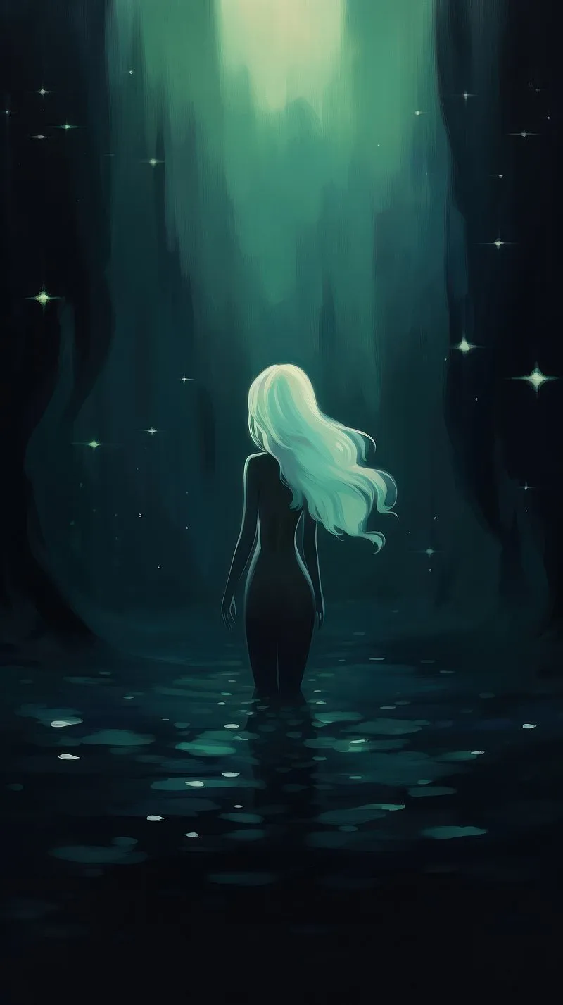 Woman Standing under Blue Waterfall Light in Deep Darkness