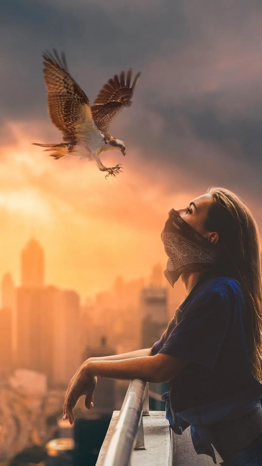 Woman with Bird in Golden Sunset Dream Scene Wallpaper