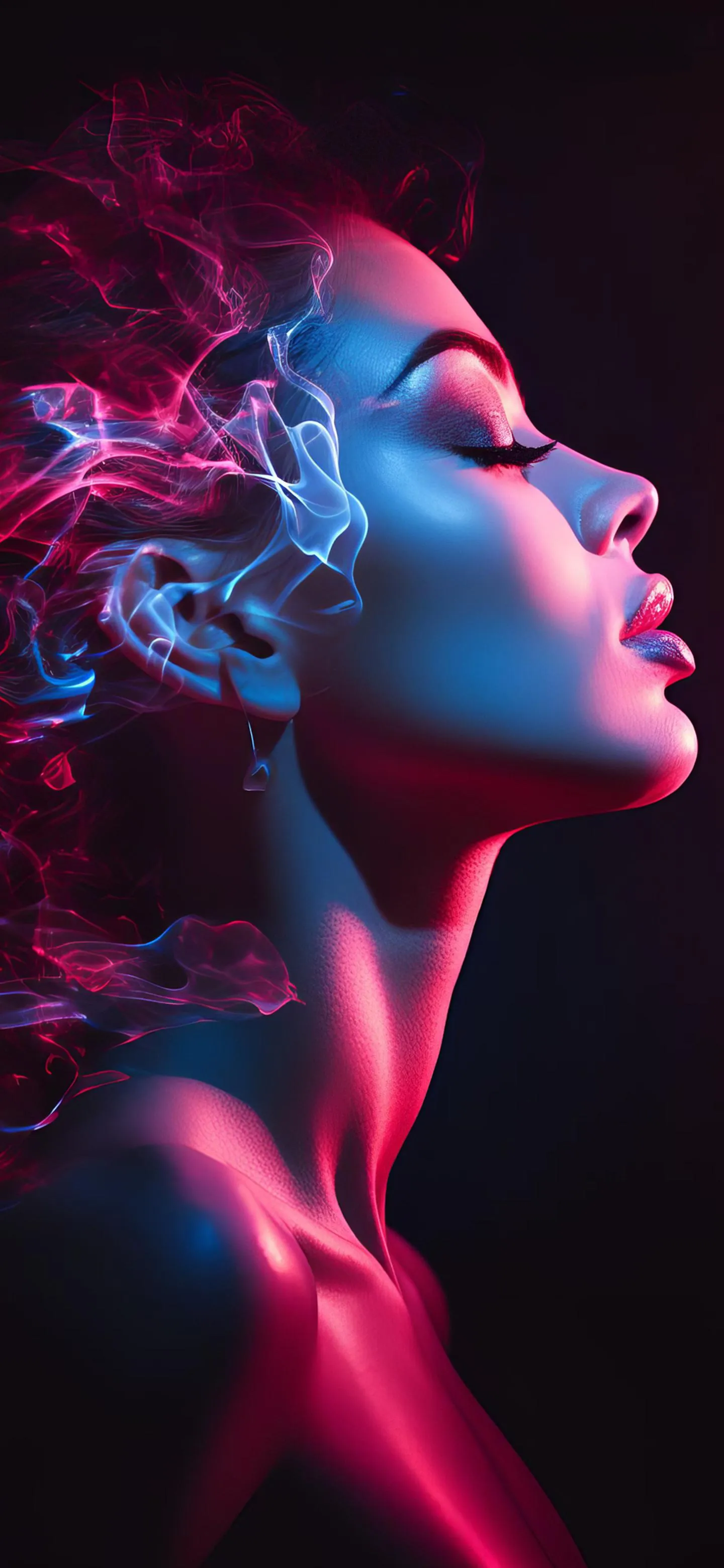 Woman With Blue Skin And Neon Red Light On Her Face