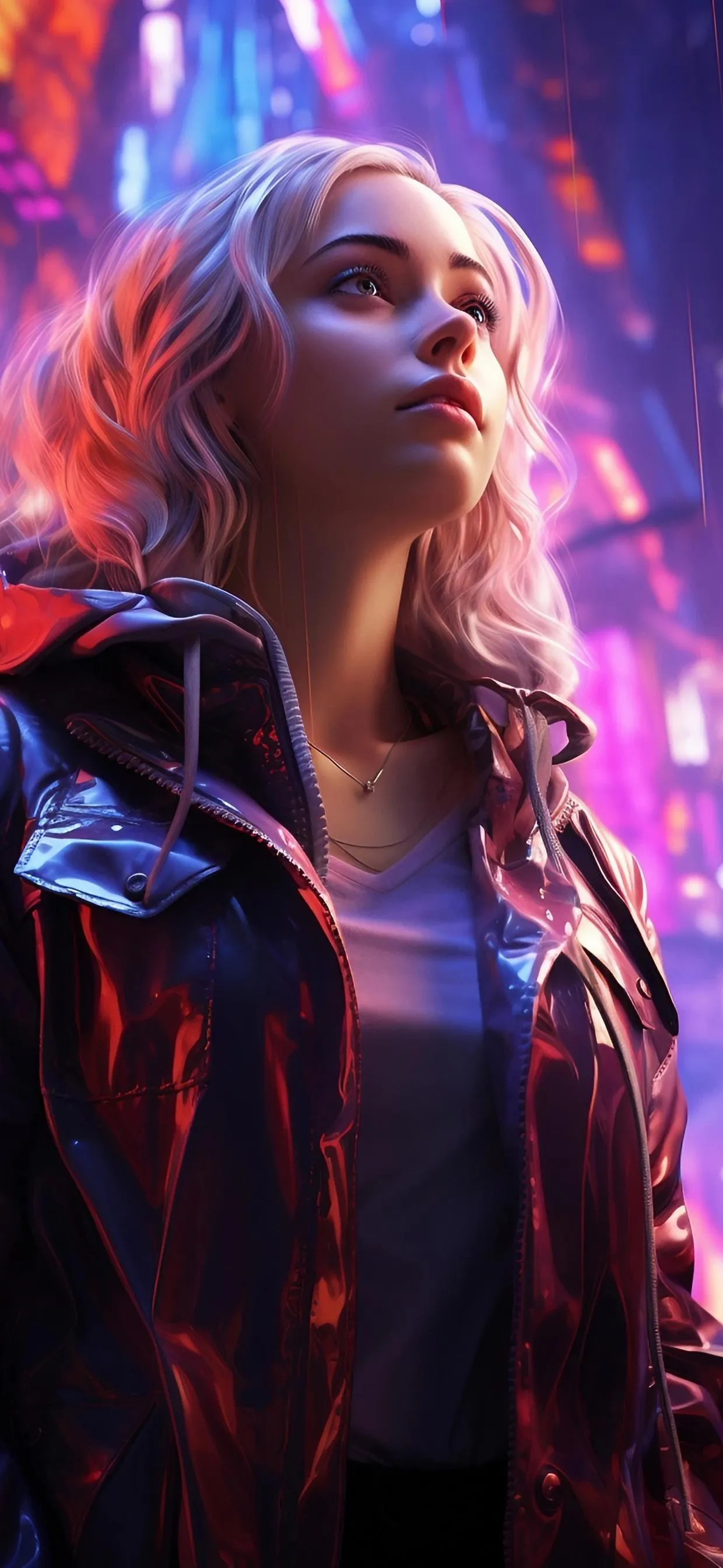 Woman With Neon Light Hair And Stylish Jacket Portrait