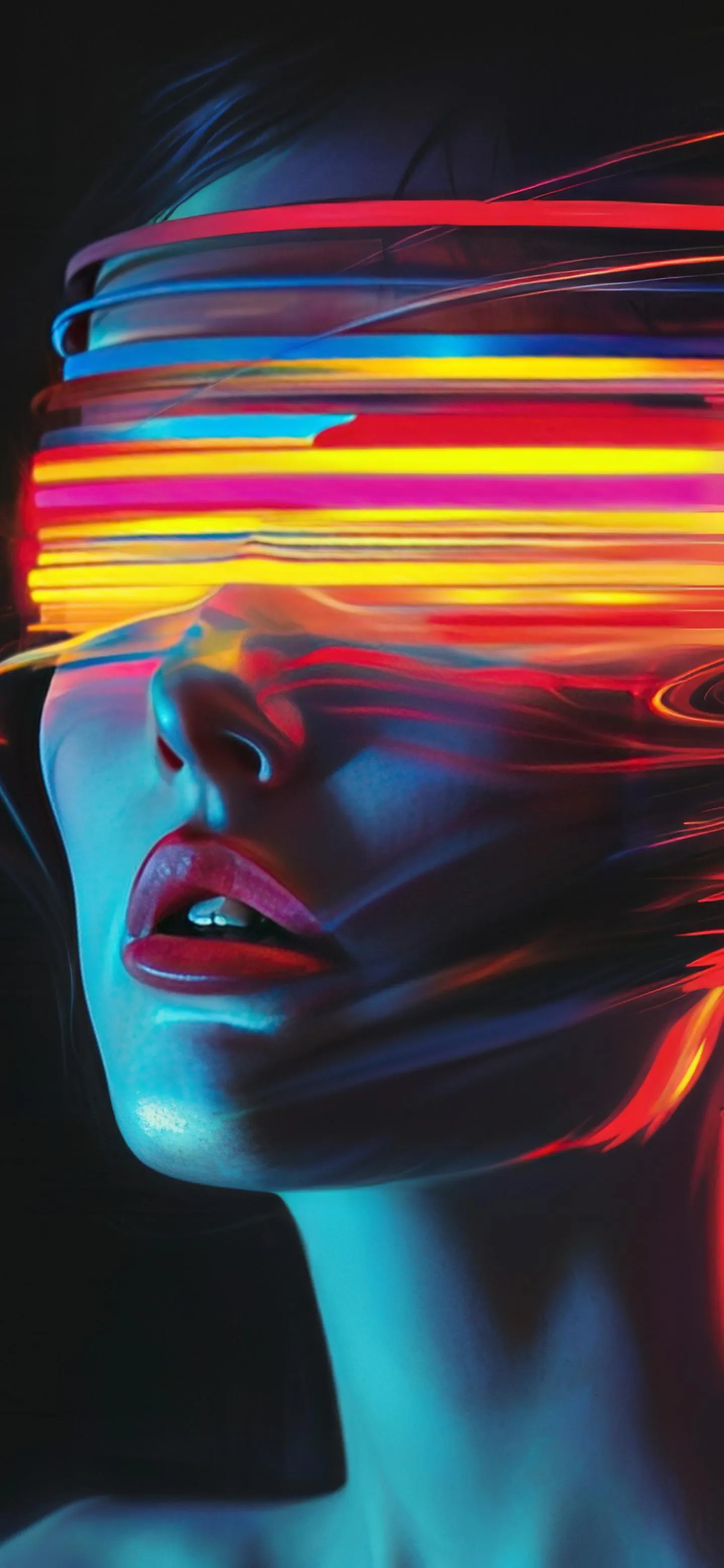 Woman with Neon Stripes over Eyes in Dark Setting Wallpaper
