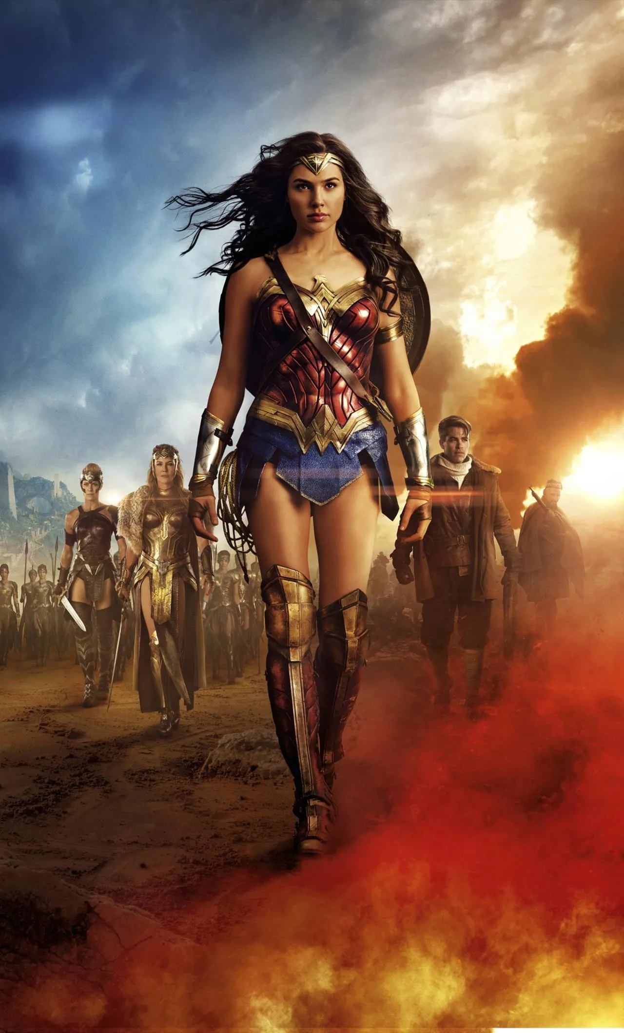 Wonder Women Marches Through Fire on a Vast War Battlefield