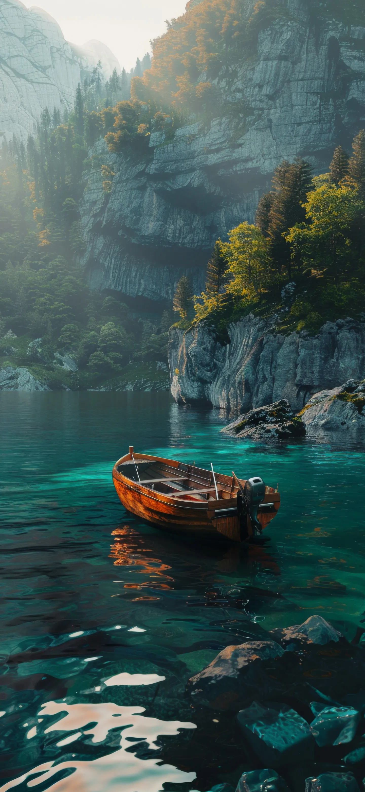 Wooden Boat Floating on Clear Lake in Mountain Valley