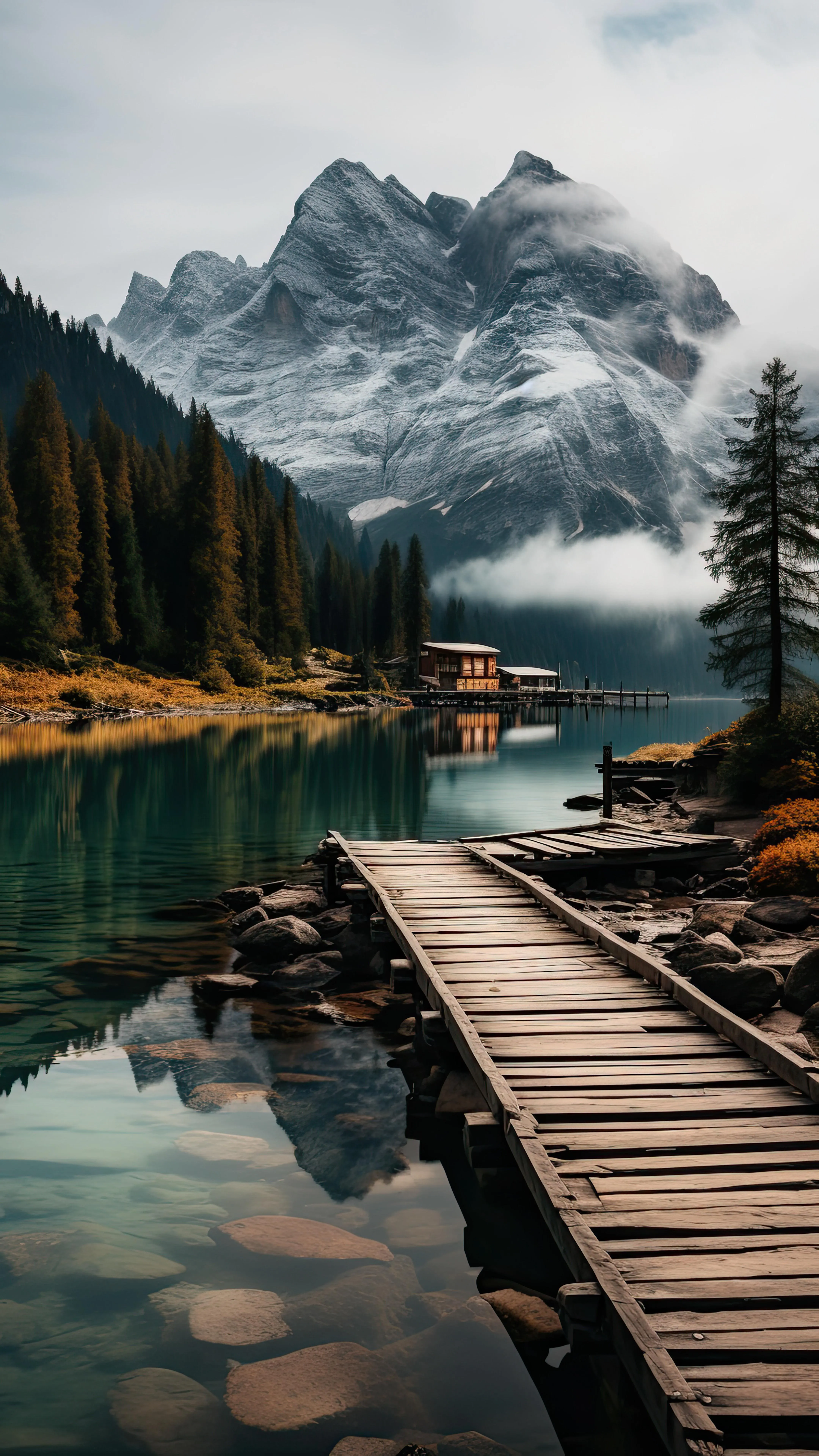 Wooden Pier Leading To Mountain Lake with Reflection