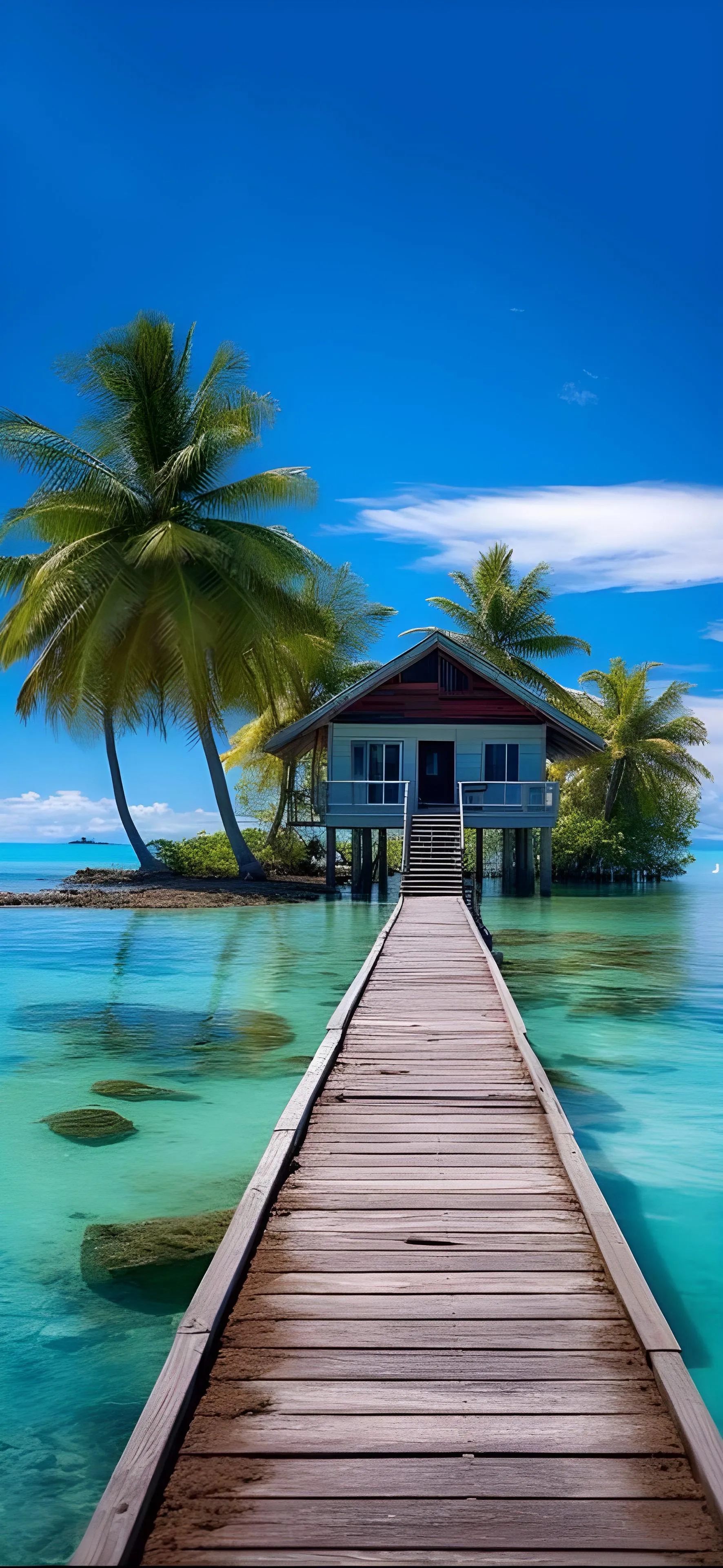 Wooden Pier Leading To Tropical Island Paradise Wallpaper