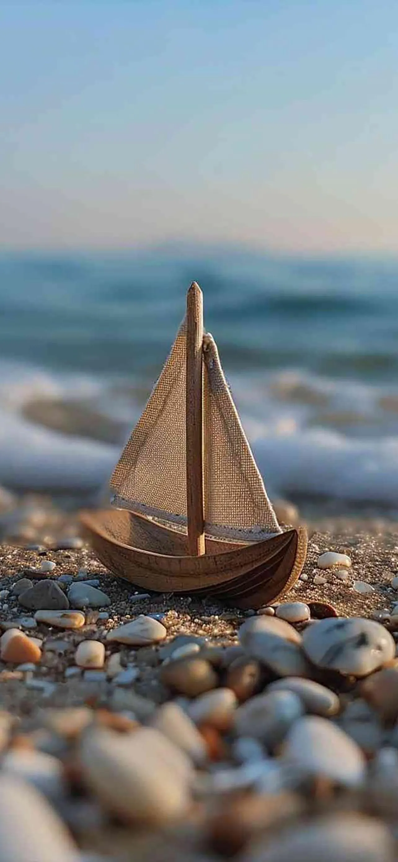 Wooden Sailboat on Rocky Beach at Peaceful Sunset image