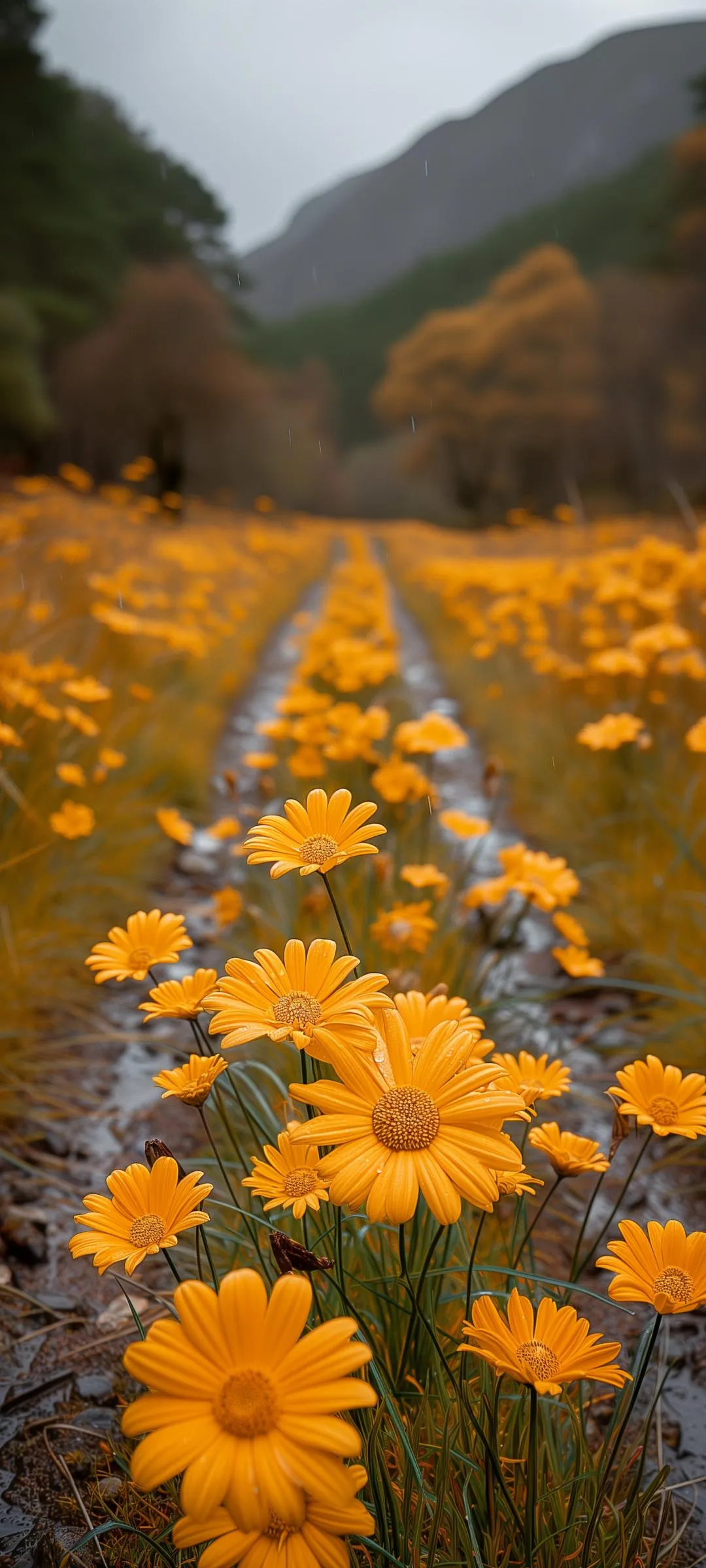 Yellow Flowers in Mountain Valley Scenic Wallpaper