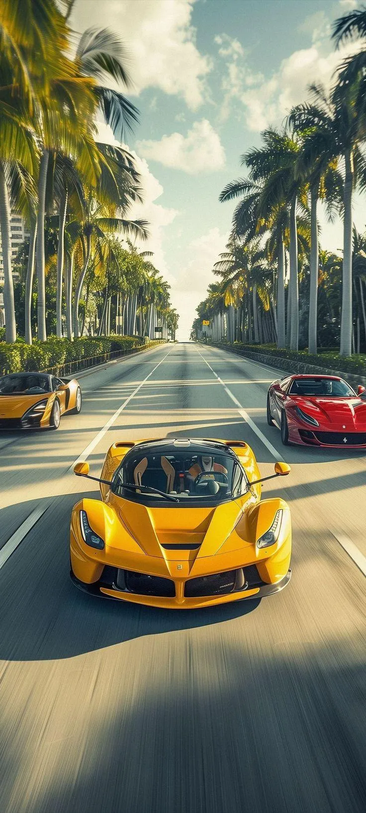 Yellow Sports Car on Palm Tree Road Mobile Wallpaper
