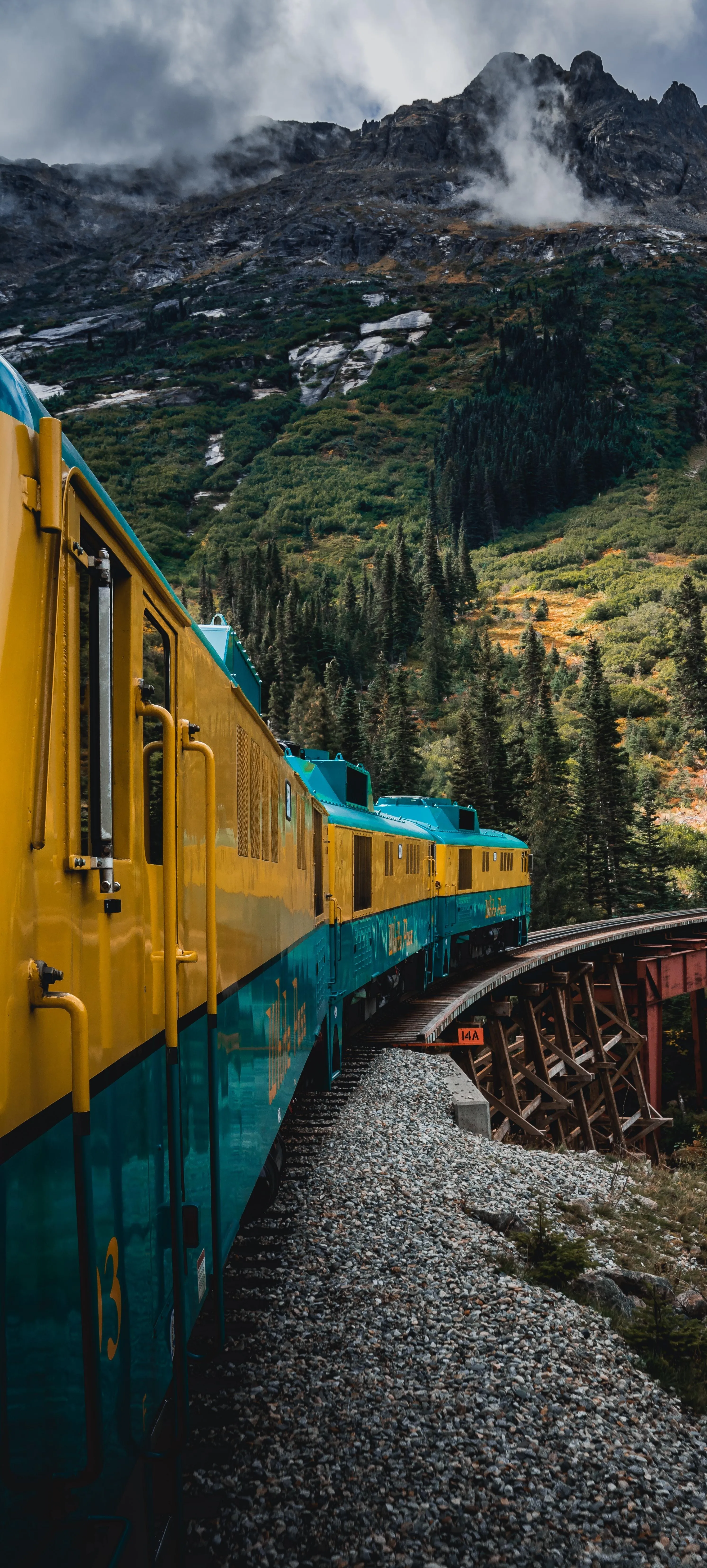 Yellow Train on Scenic Mountain Railway Track Image for Vivo