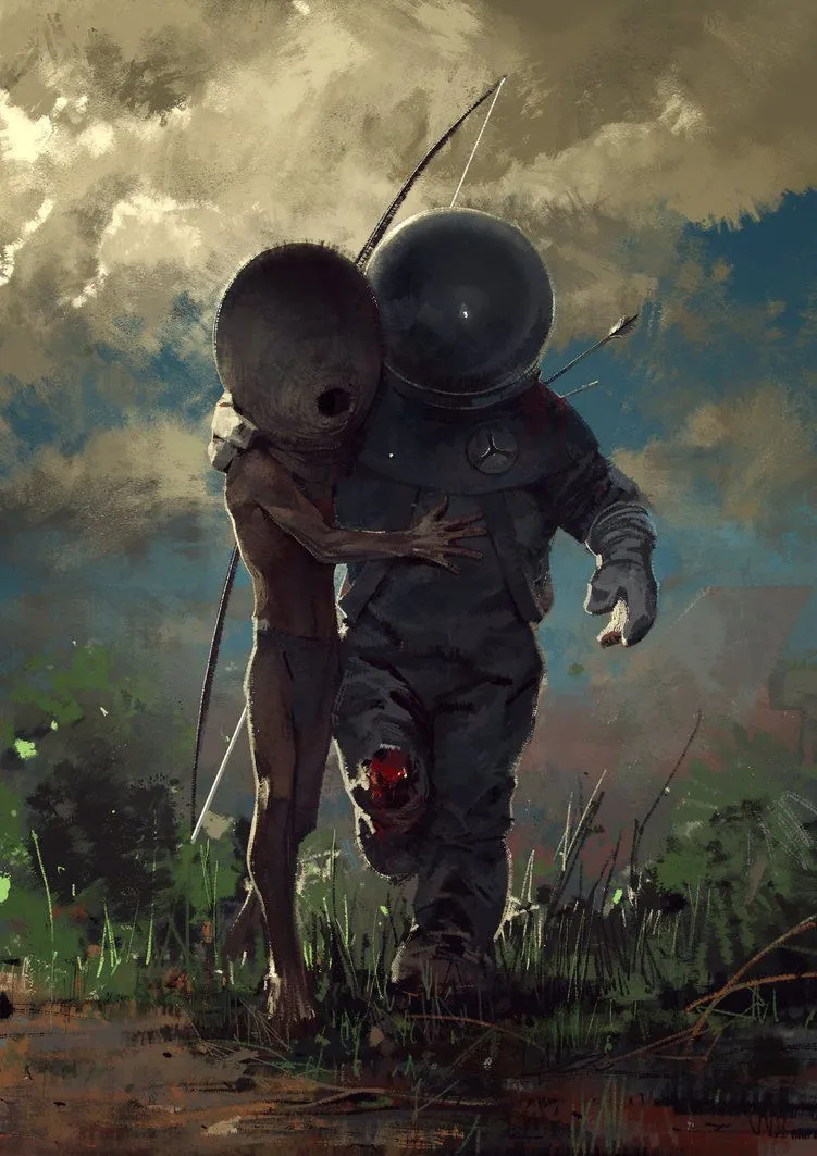 Young Astronaut with Alien in Dusty Landscape at Sunset