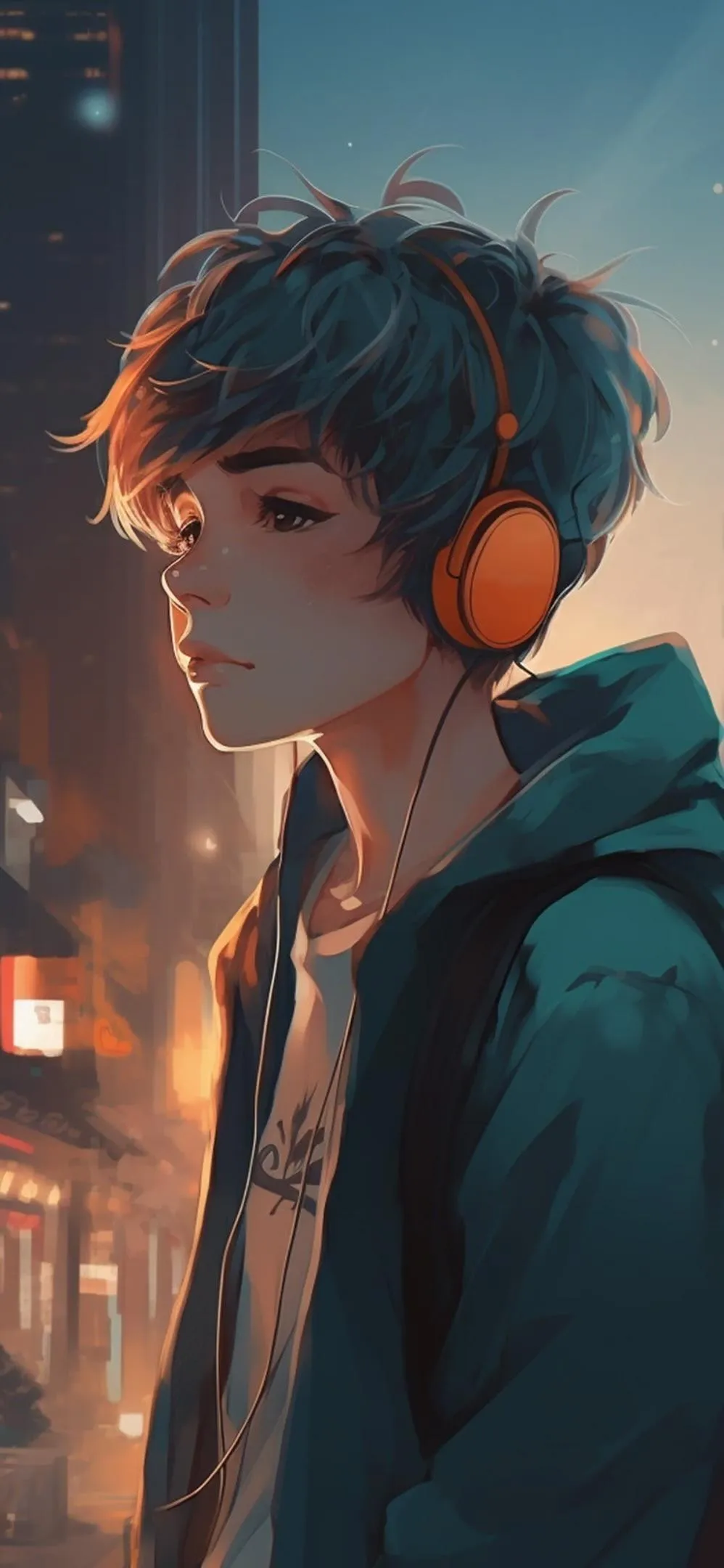 Young Man Listening to Music Under Neon Street Light
