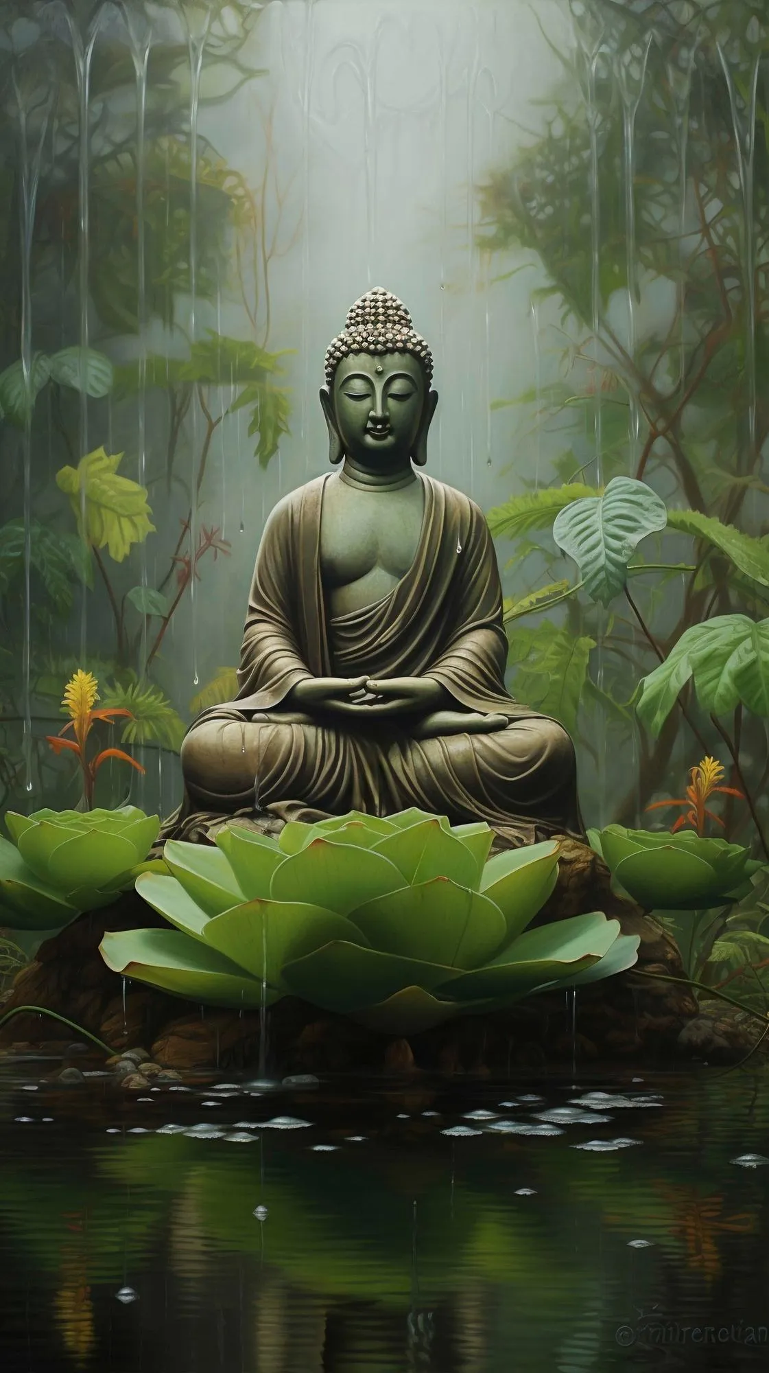 Zen Buddha Statue in Garden Surrounded by Natural Light