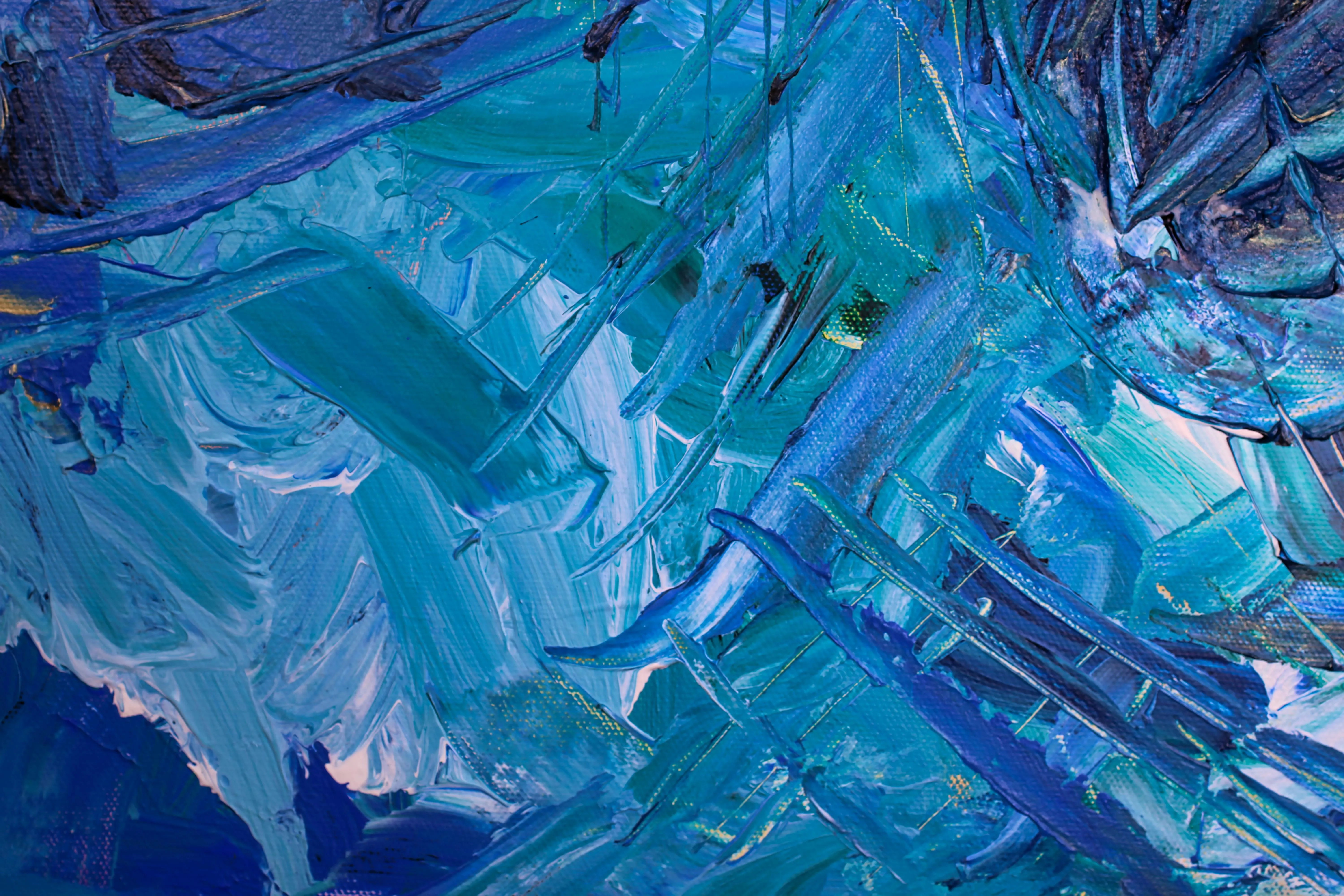 Abstract blue and teal brush strokes artistic painting 4K