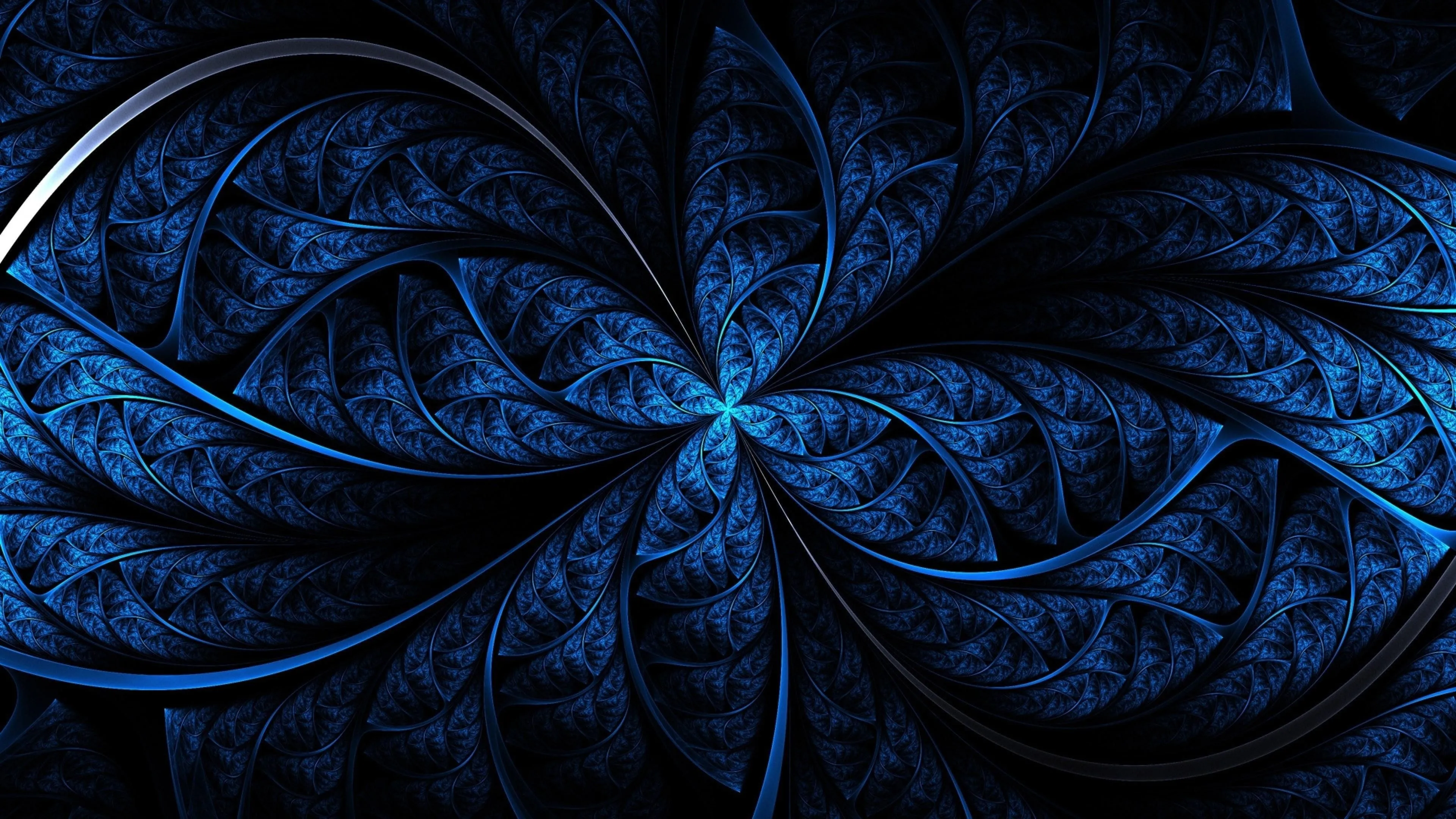 Abstract blue fractal flower design with glowing lines 4K