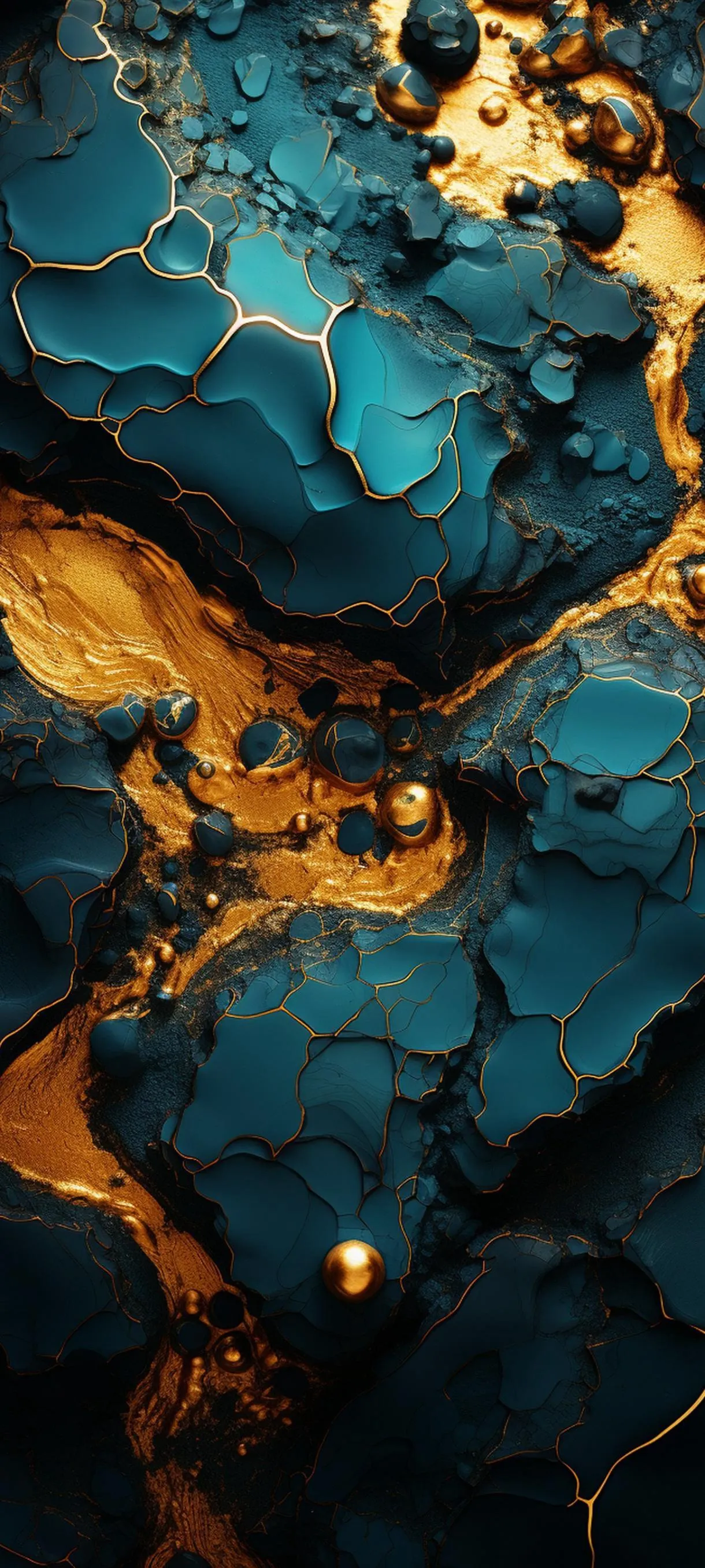 Abstract Gold and Blue Marbled Swirls with Metallic Depth