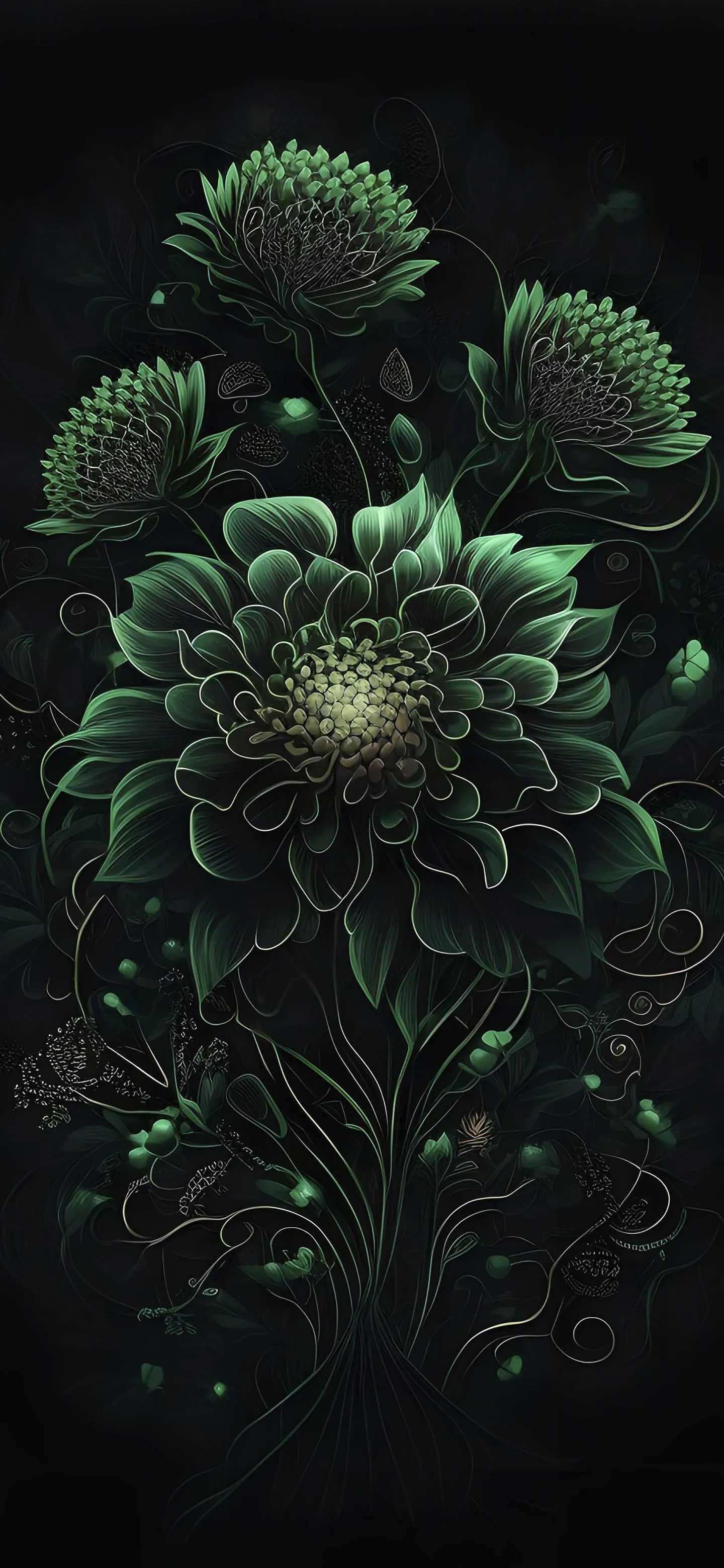 Abstract Green Flora with Surreal Botanical Details