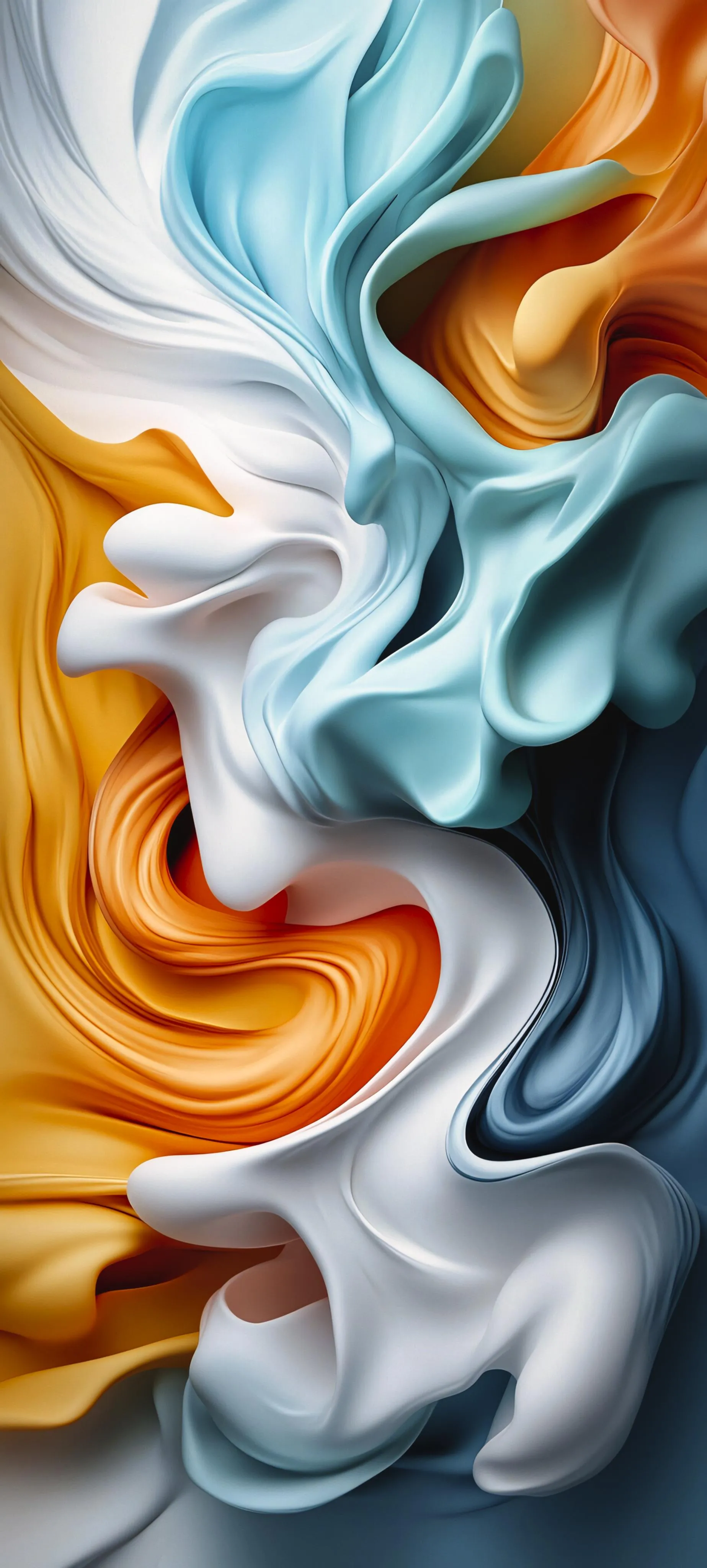 Abstract marble swirl art in blue orange and white tones