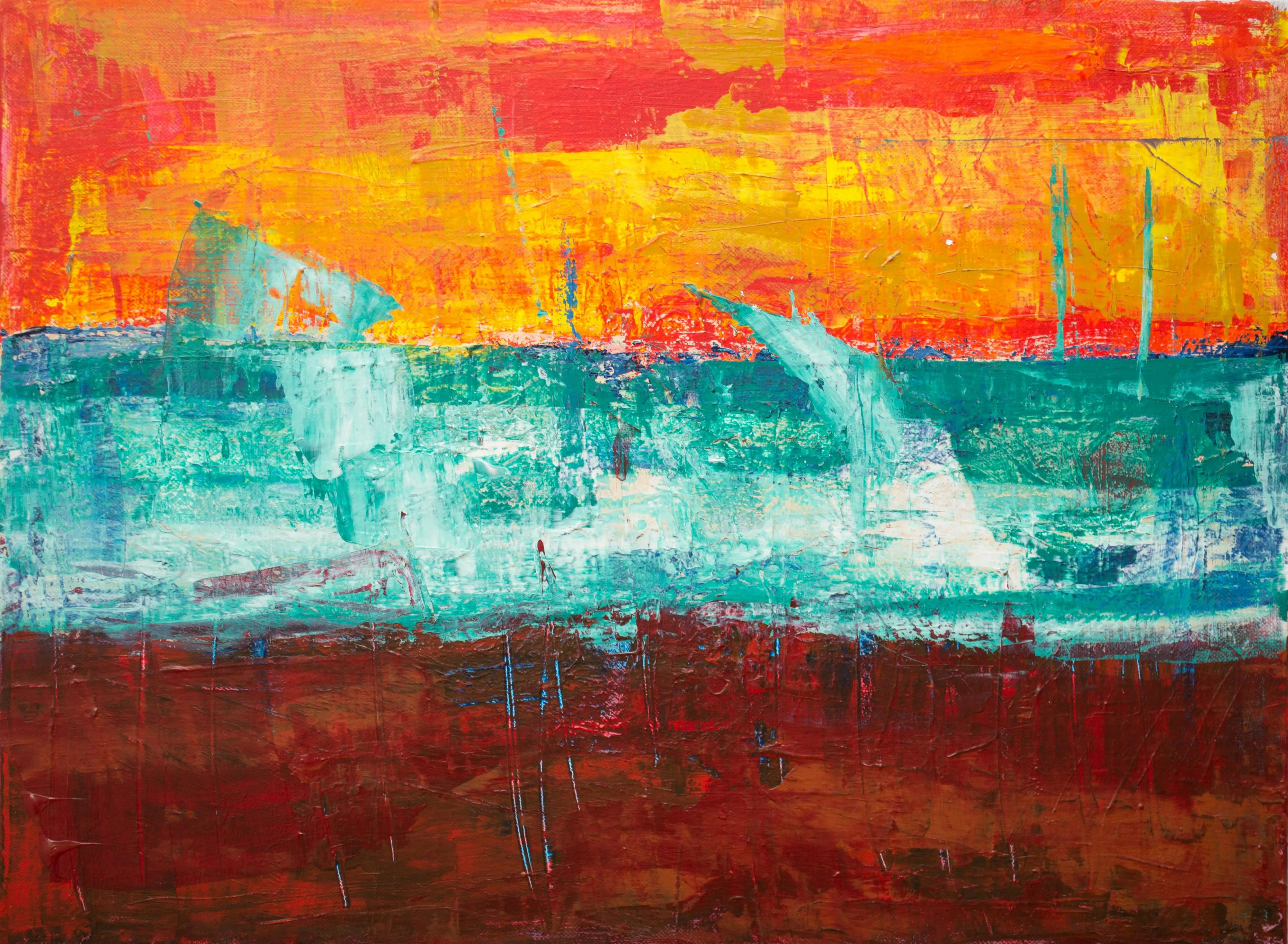 Abstract painting in orange blue and red textured layers