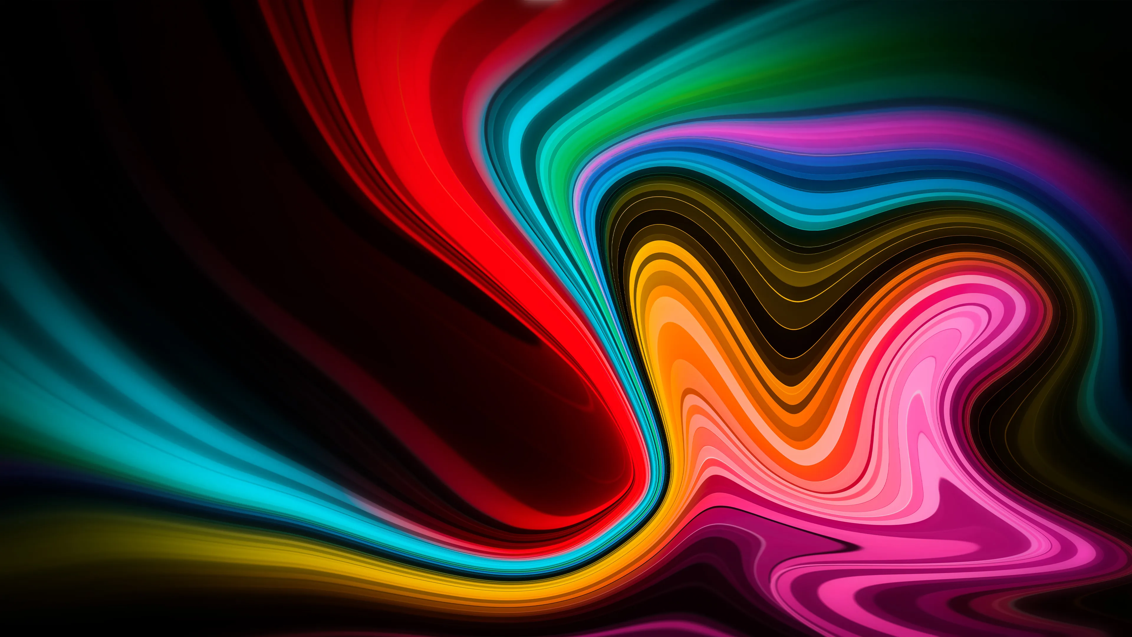 Abstract waves in red green and pink on black Wallpaper