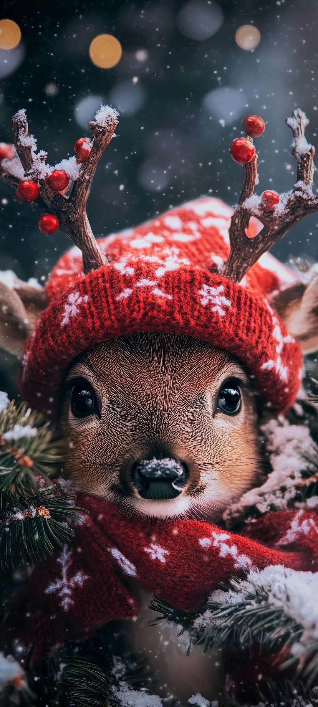 Adorable Baby Deer in Winter Hat and Scarf with Snow