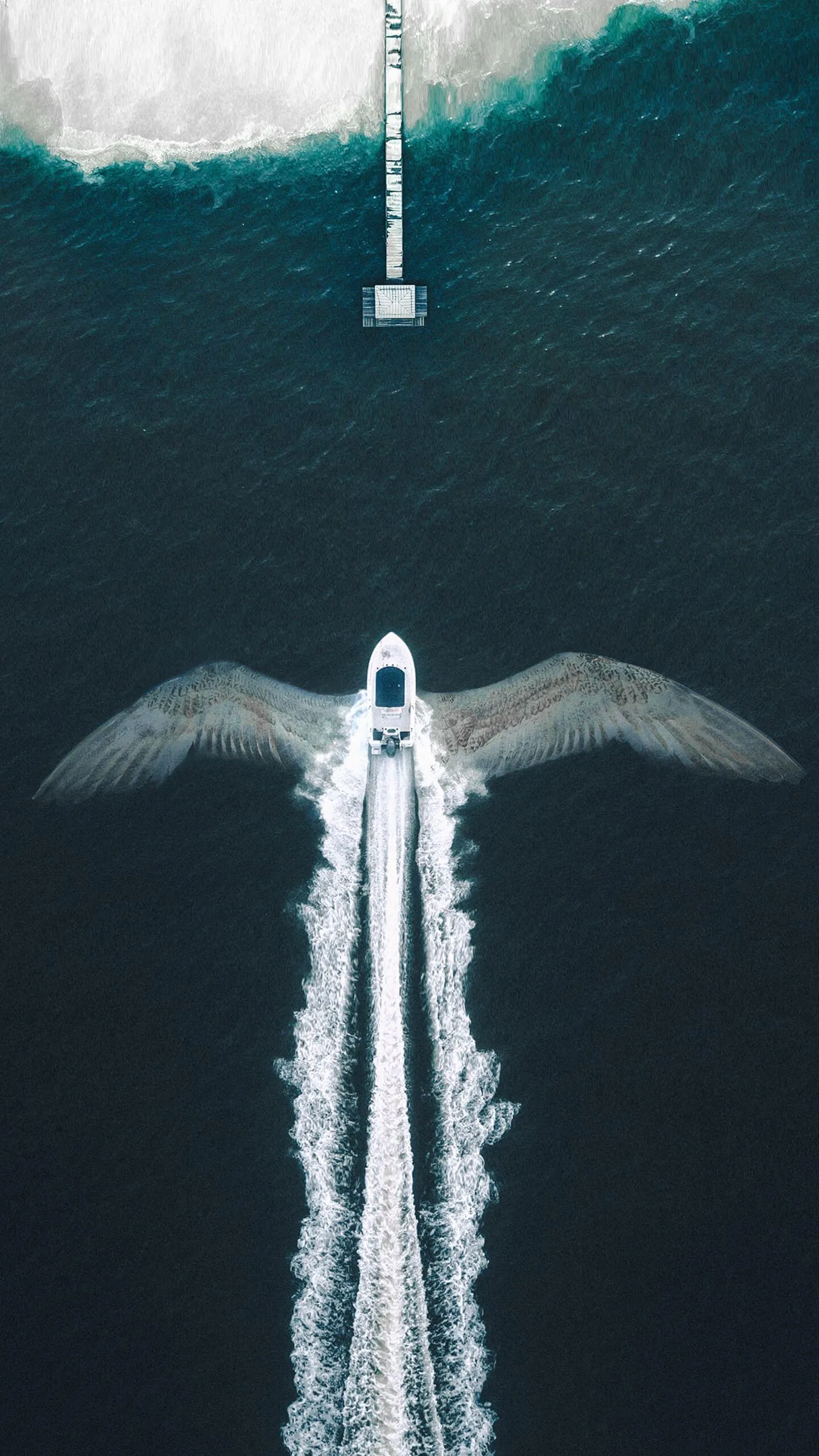 Aerial Jet Stream Leaving Waves on Deep Blue Ocean Wallpaper