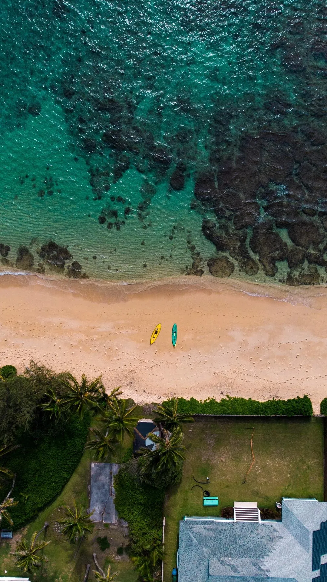 Aerial View of Beach and Trees with Huts and Blue Sea