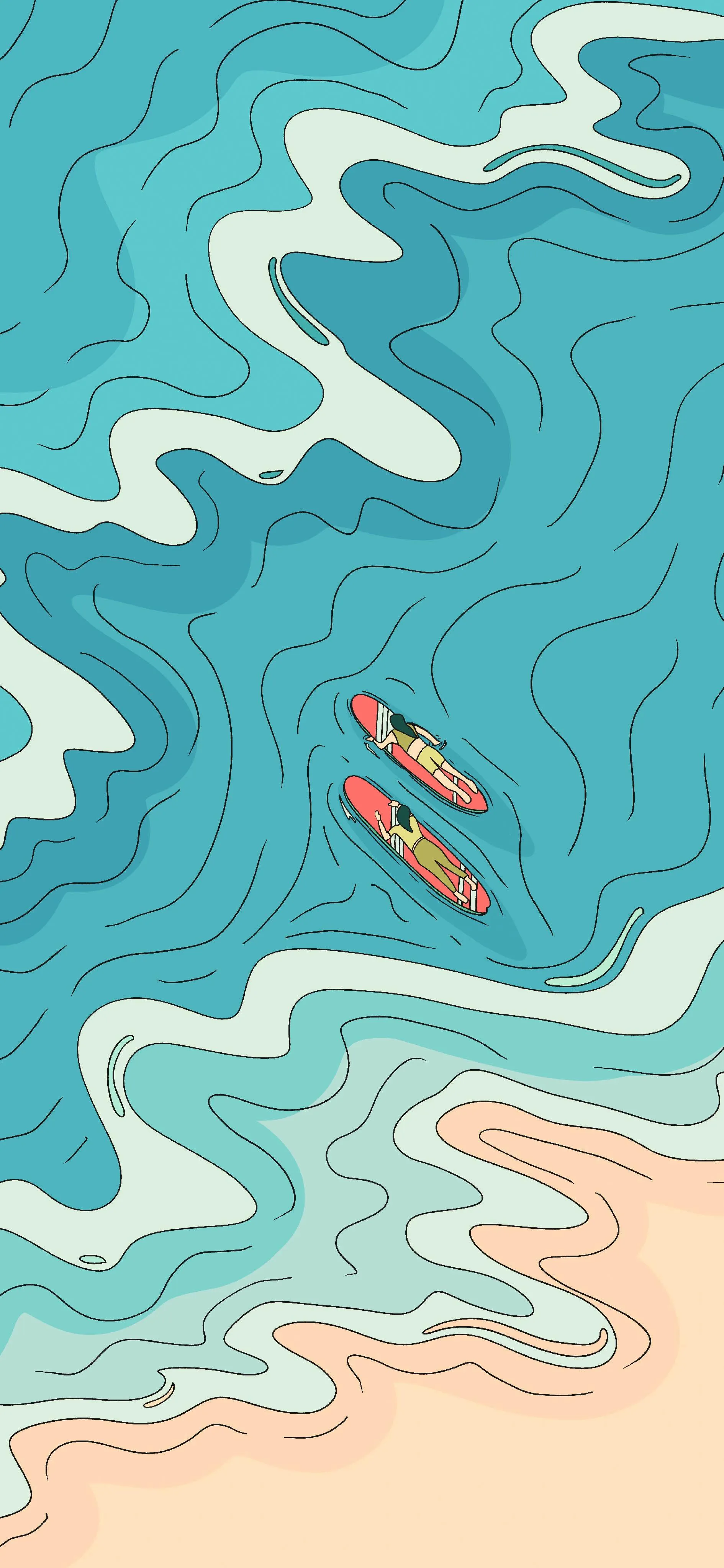 Aerial View of Two Surfers Floating on Abstract Ocean