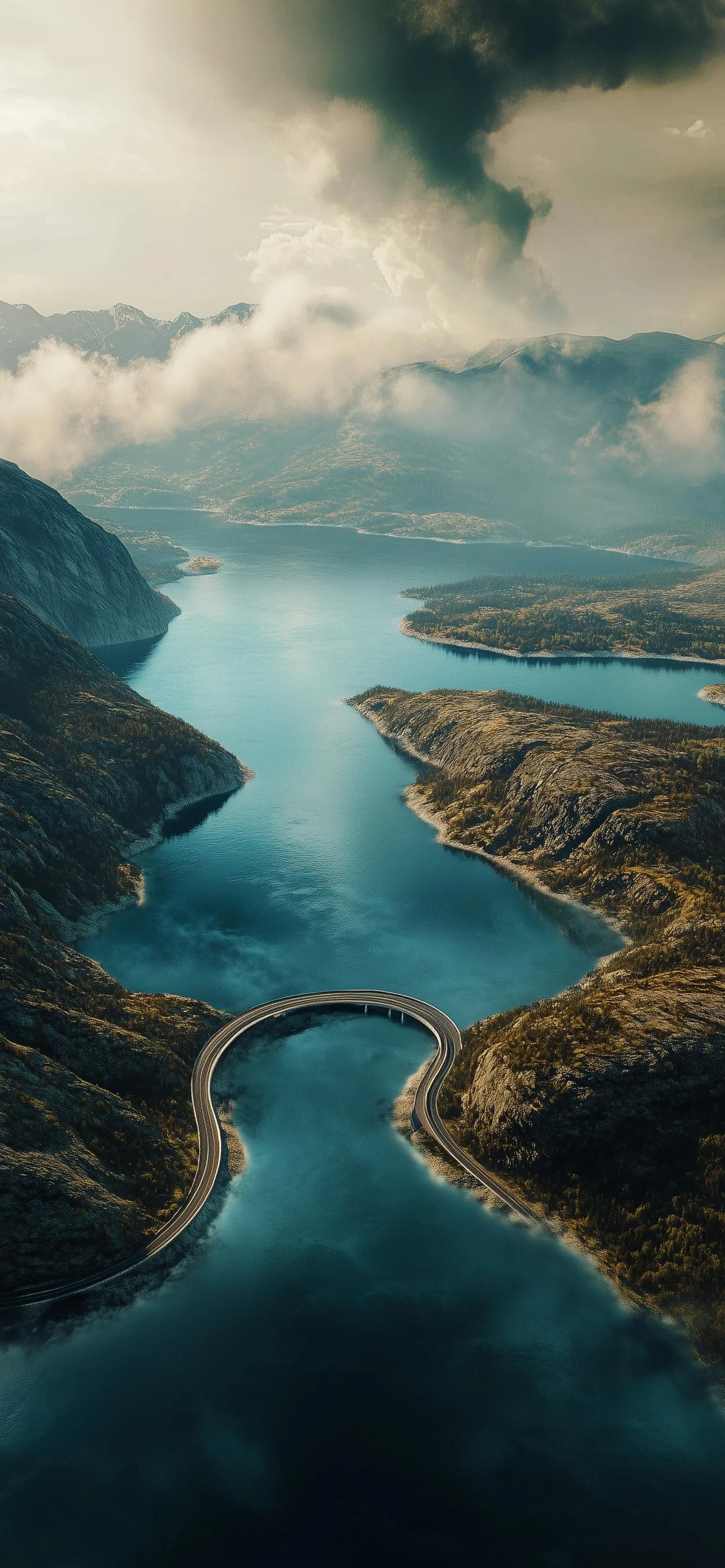 Aerial view of winding river flowing through mountains