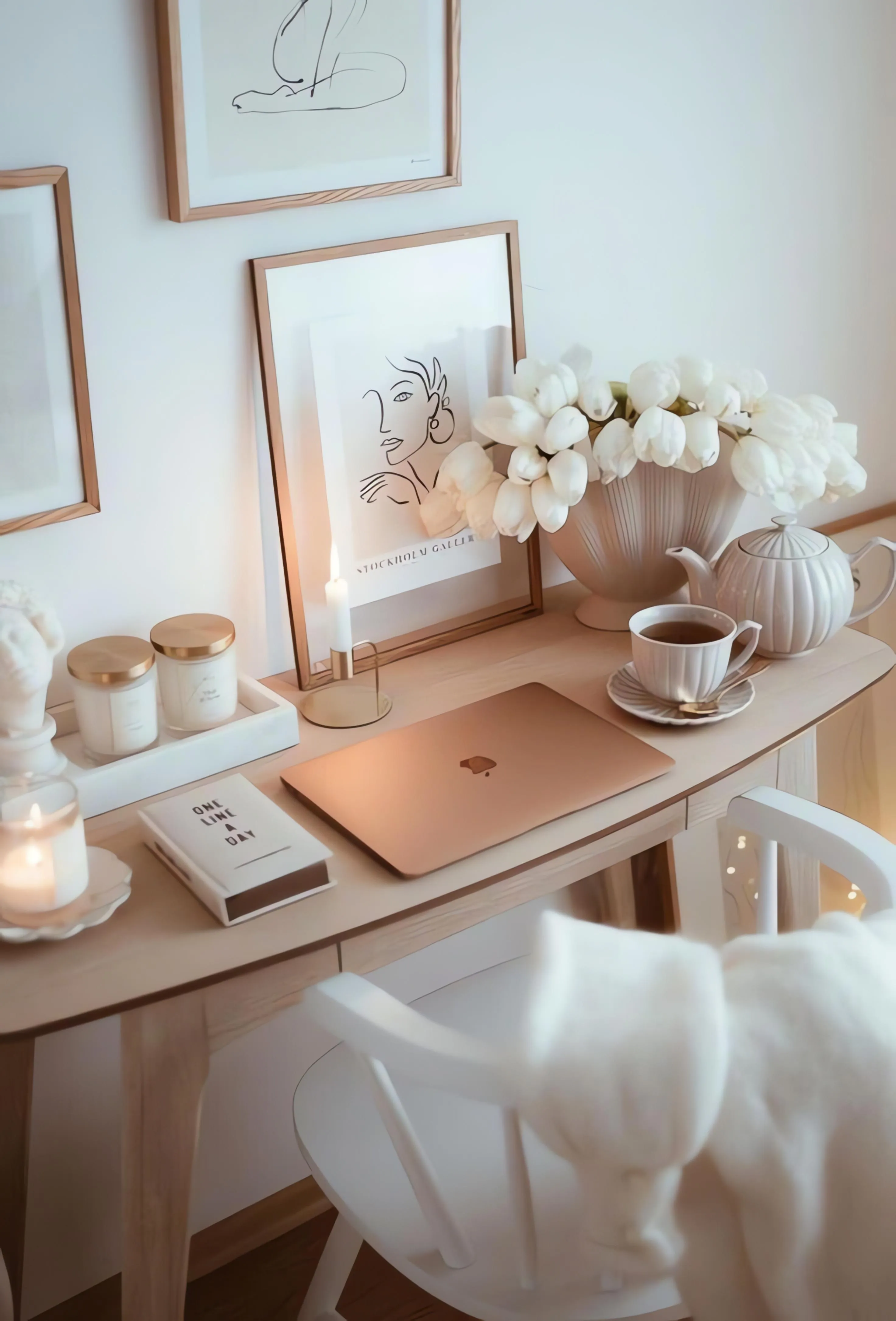 Aesthetic Workspace with Flowers and Minimal Decor Wallpaper