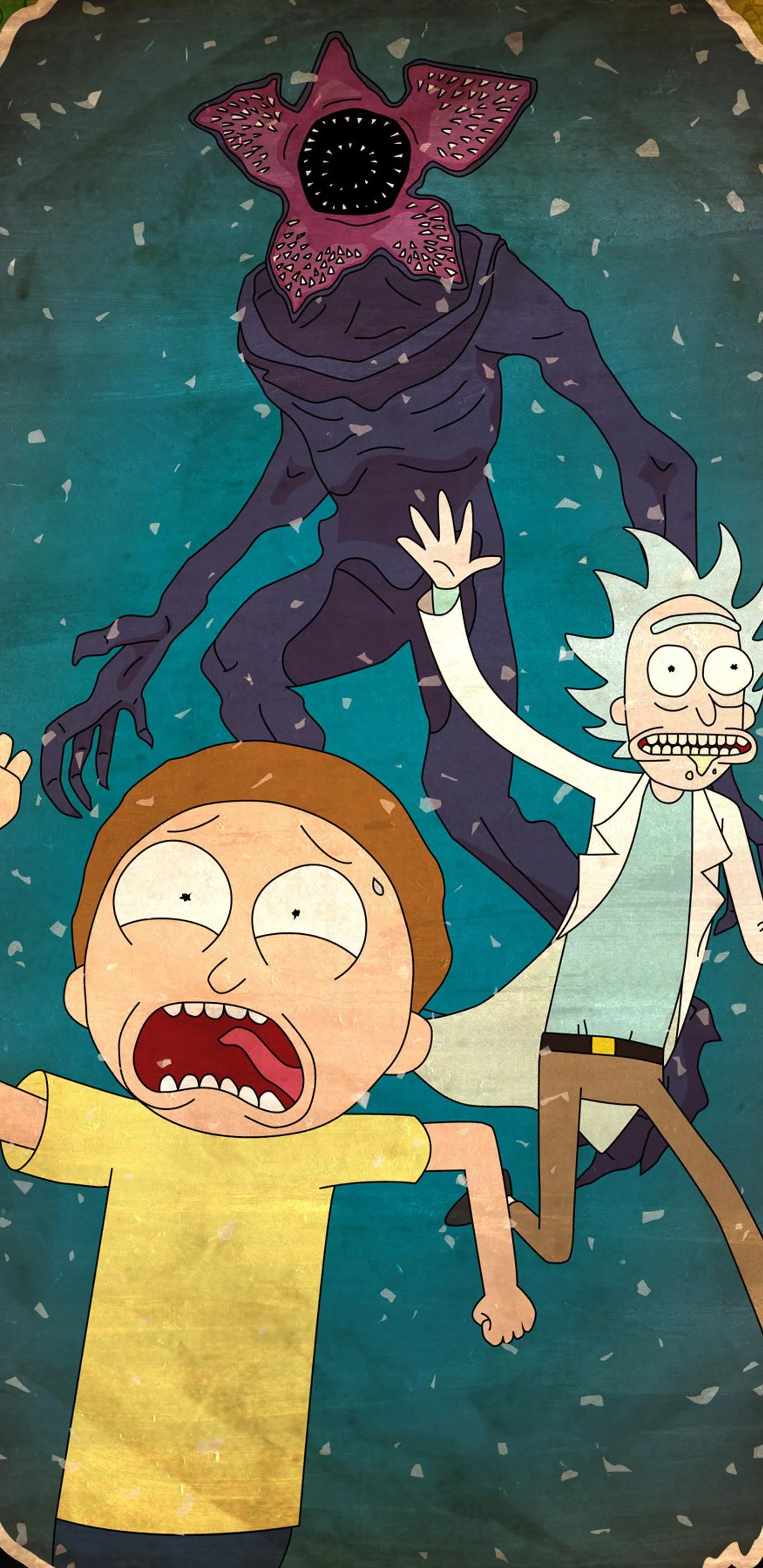 Animated Characters Morty and Rick Facing a Dark Threat