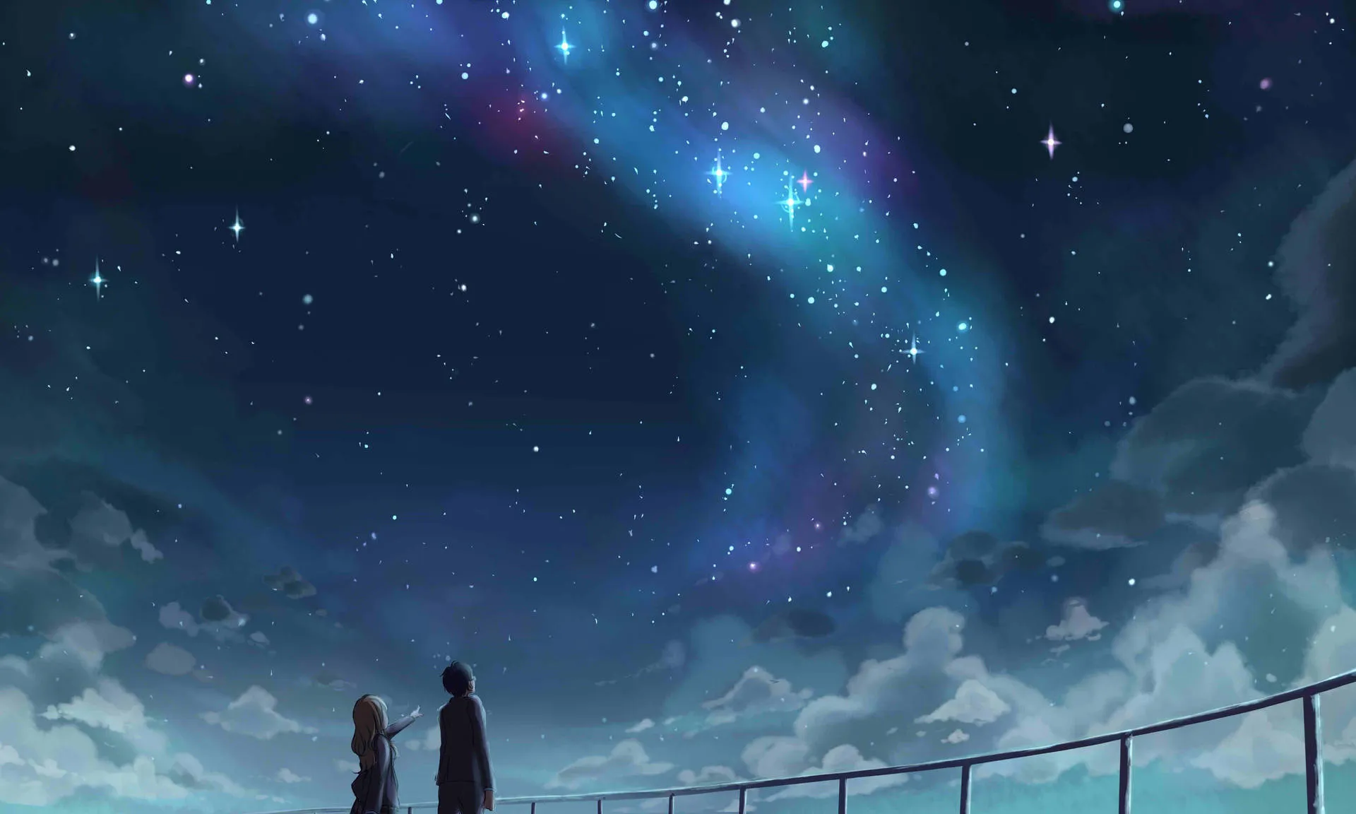 Anime couple stargazing under a dreamy cosmic night sky