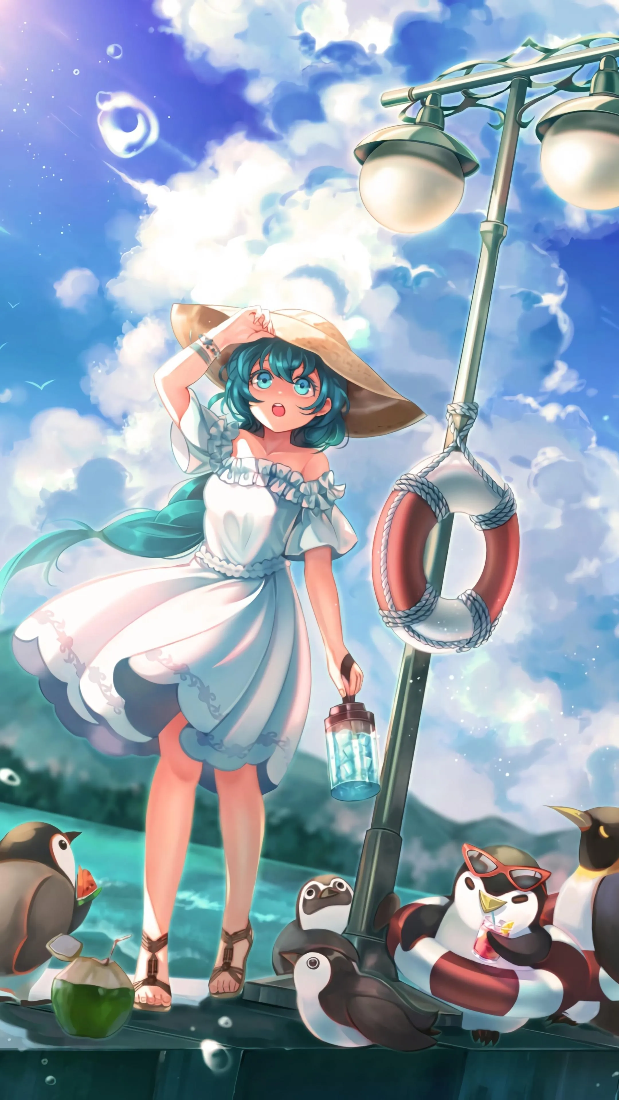 Anime Girl and Penguins Enjoying a Bright Summer Day