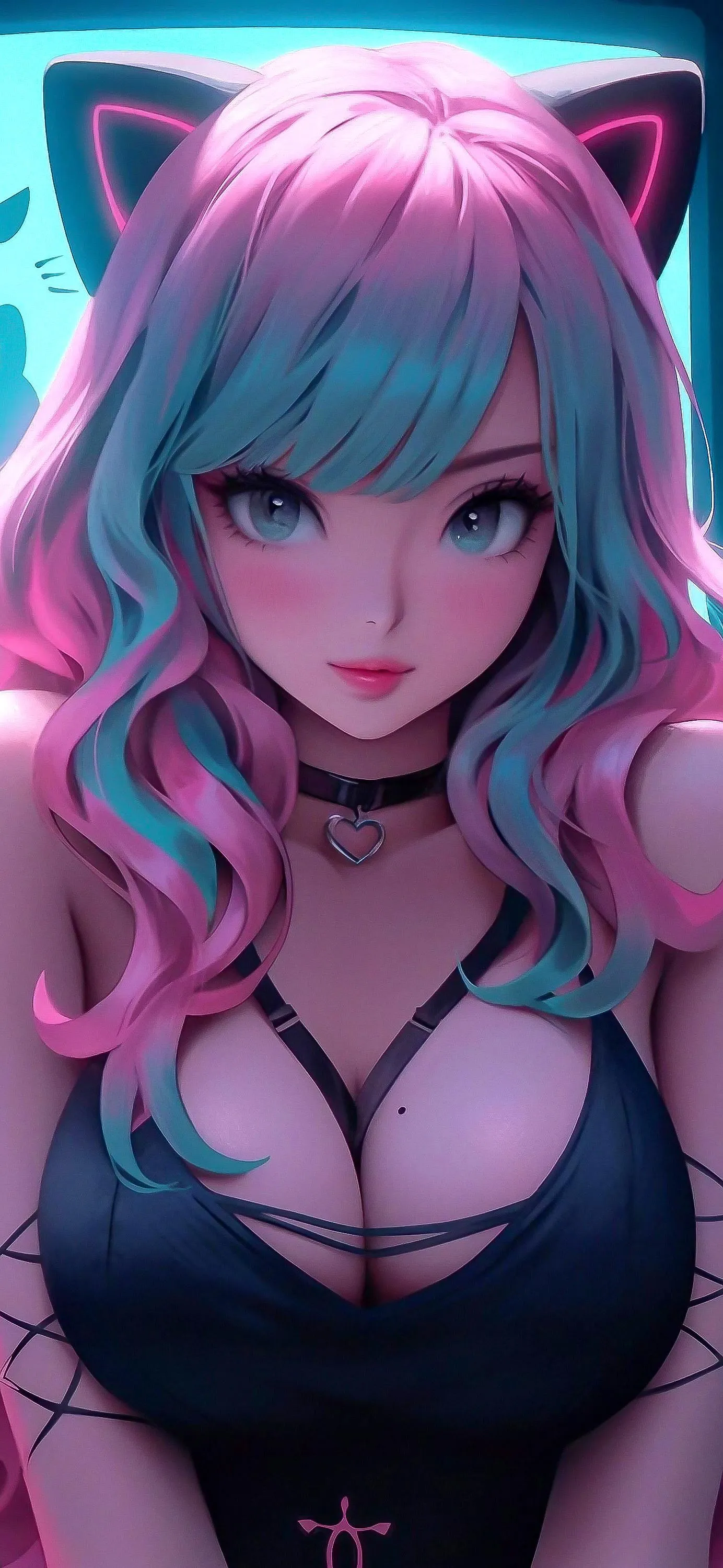 Anime girl with pink hair and glowing eyes in dark scene