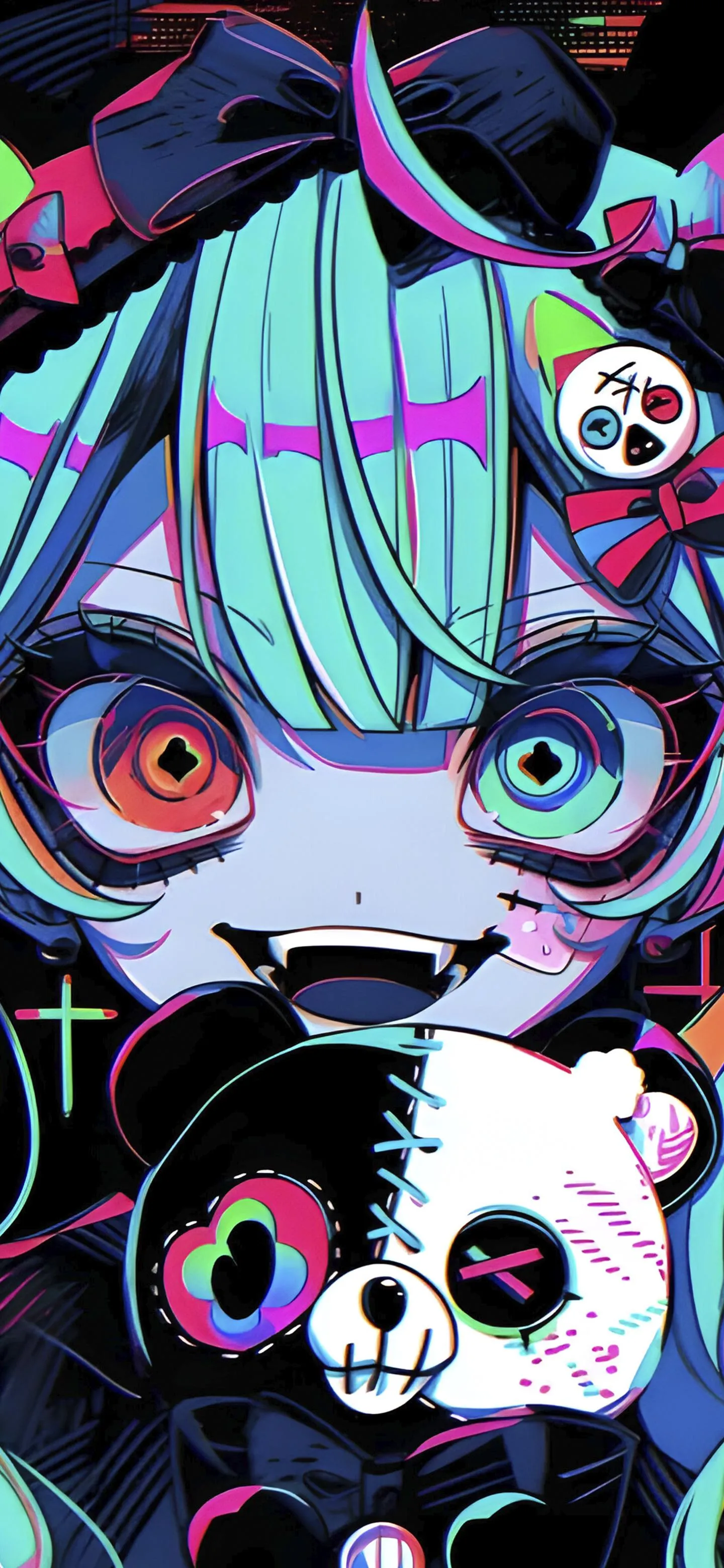 Anime Style Girl with Big Eyes and Neon Colors Wallpaper