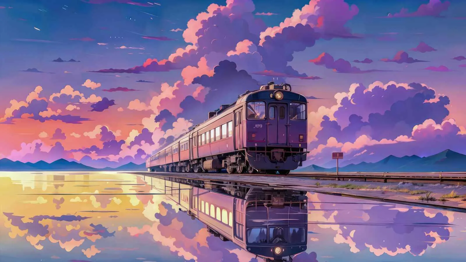 Anime style train on water reflecting sunset sky Wallpaper