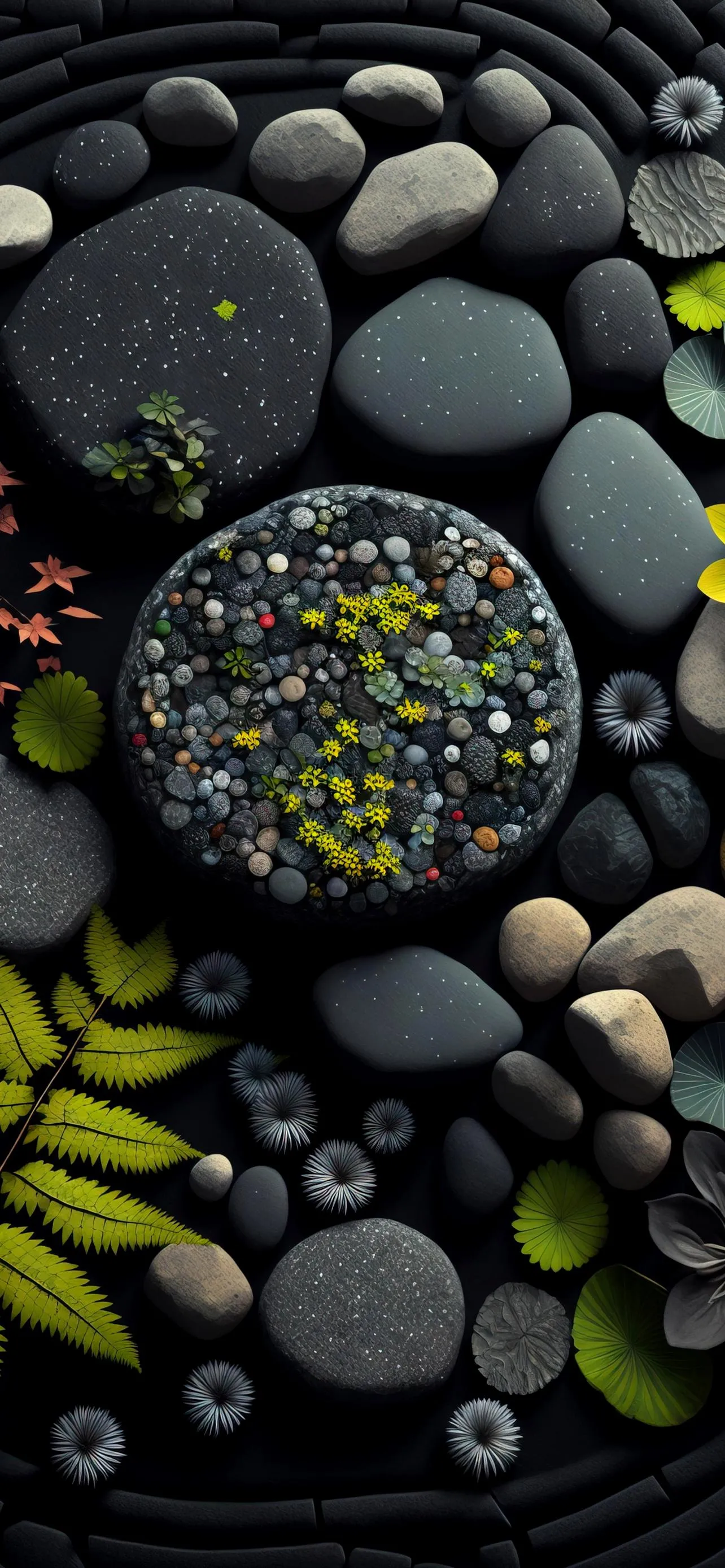 Artistic arrangement of stones and leaves with yellow flowers
